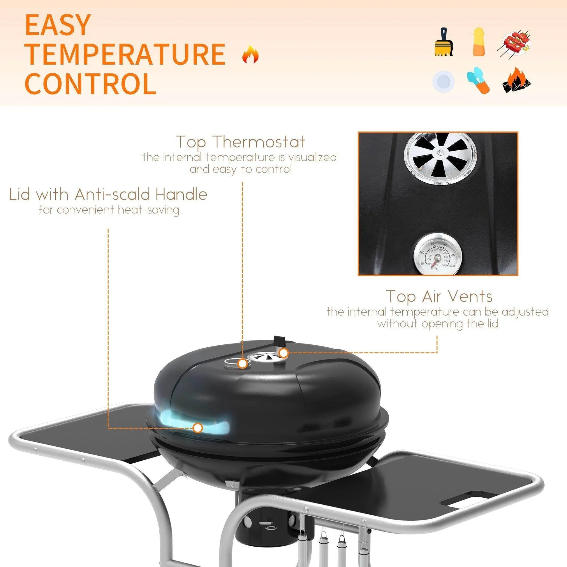 Black charcoal grill trolley with top thermostat, anti-scald handle, and adjustable air vents for temperature control