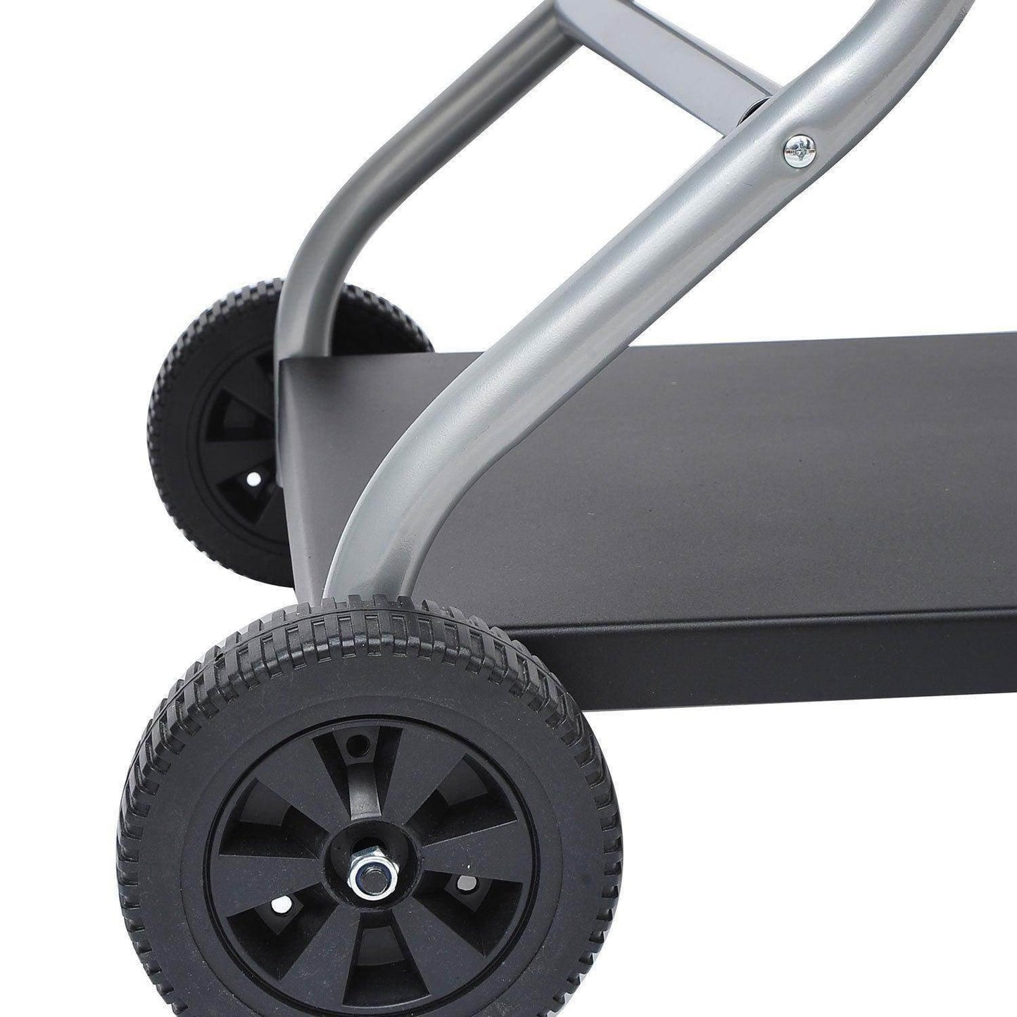 Close-up of black plastic wheels and metal frame base of a portable charcoal grill trolley