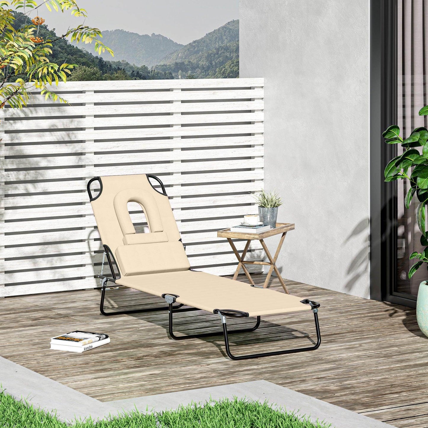 Outsunny Foldable Reclining Sun Lounger - Beige - ALL4U RETAILER LTD