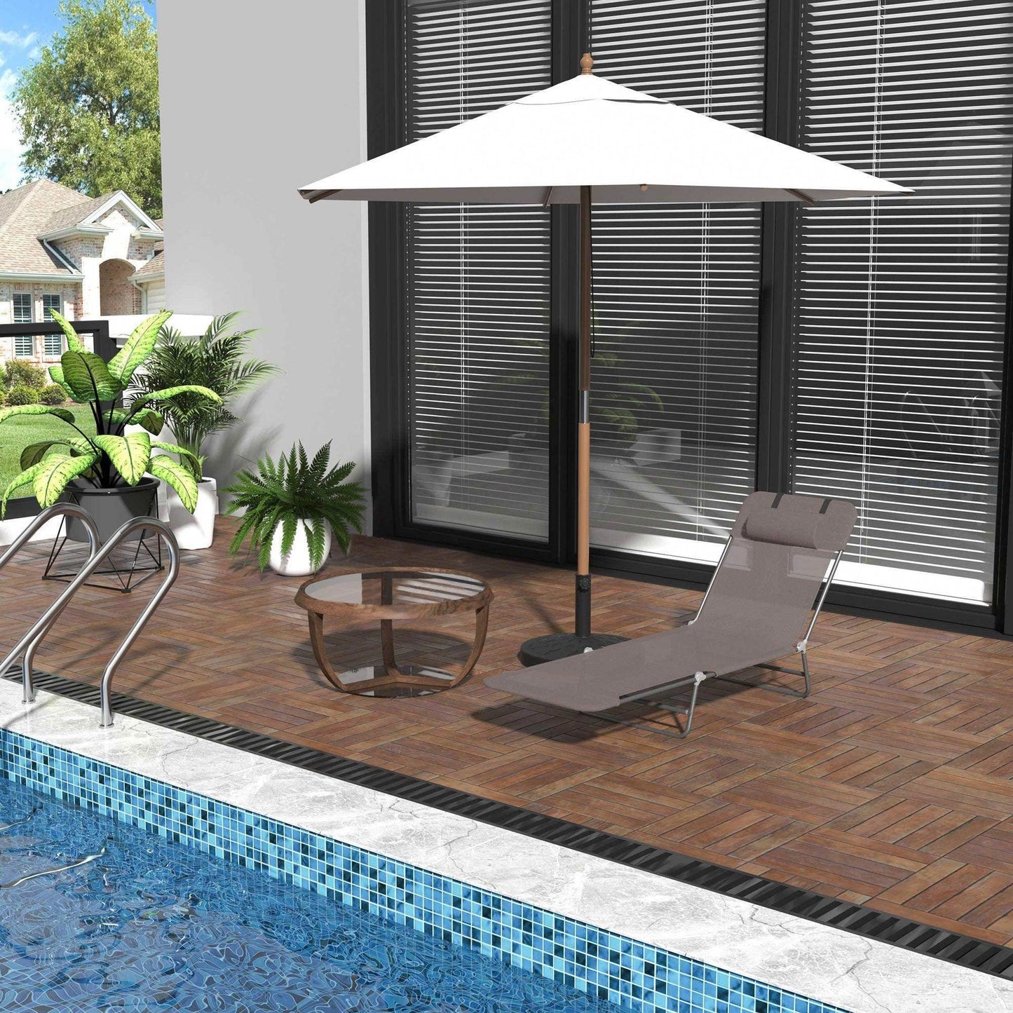 Outdoor poolside setup with brown garden lounger, white patio umbrella, round glass coffee table, and potted plants