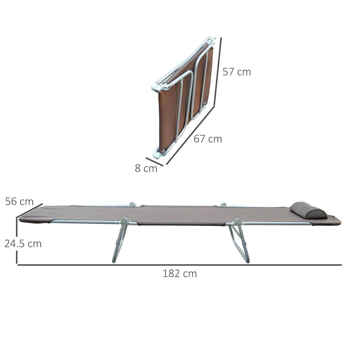 Foldable outdoor garden lounge bed in coffee color with metal frame and cushion, dimensions shown