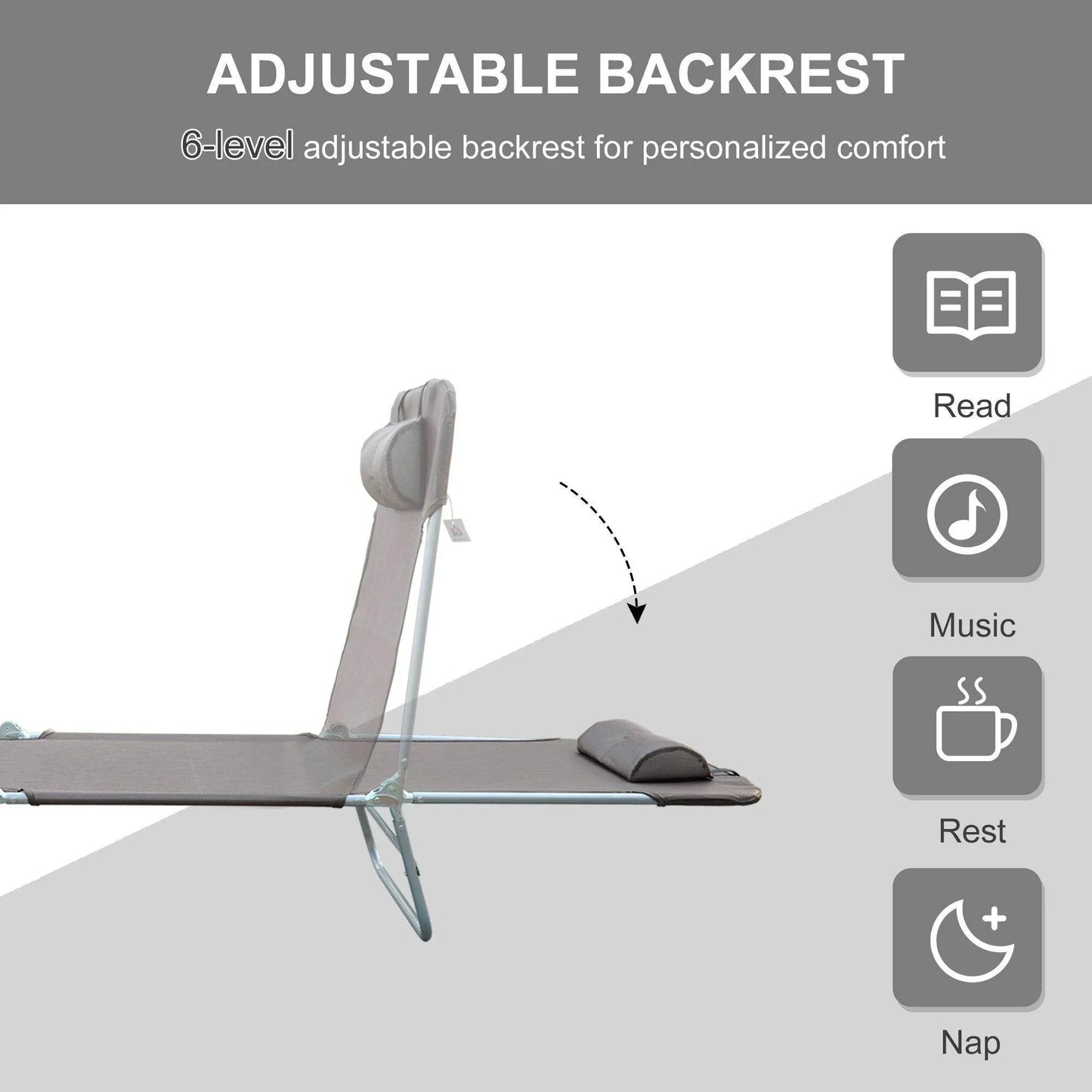 Adjustable outdoor garden lounge chair in coffee color with 6-level backrest for personalized comfort