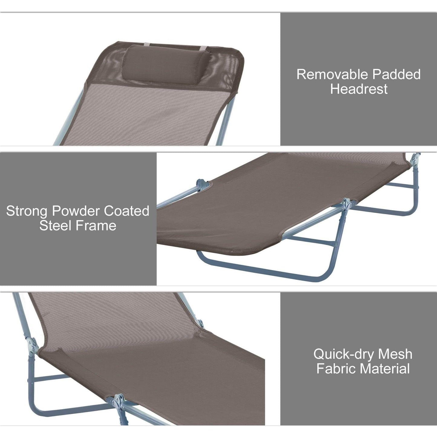 Outdoor garden lounger with removable padded headrest, strong powder-coated steel frame, and quick-dry mesh fabric