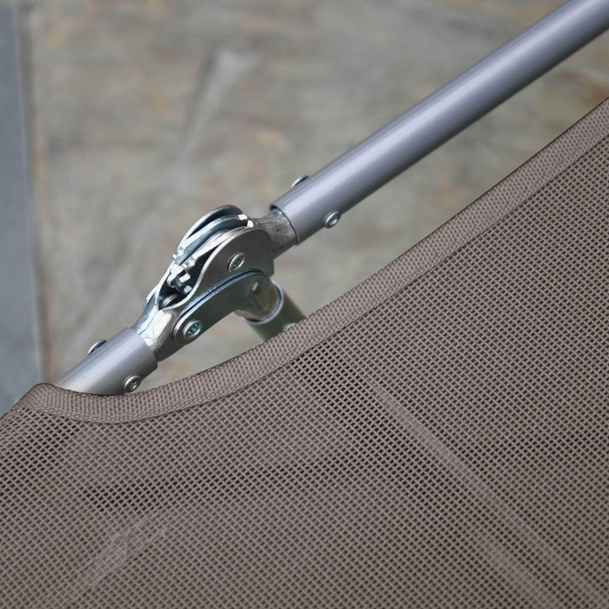 Close-up of adjustable metal joint and brown mesh fabric on Outsunny garden lounge chair