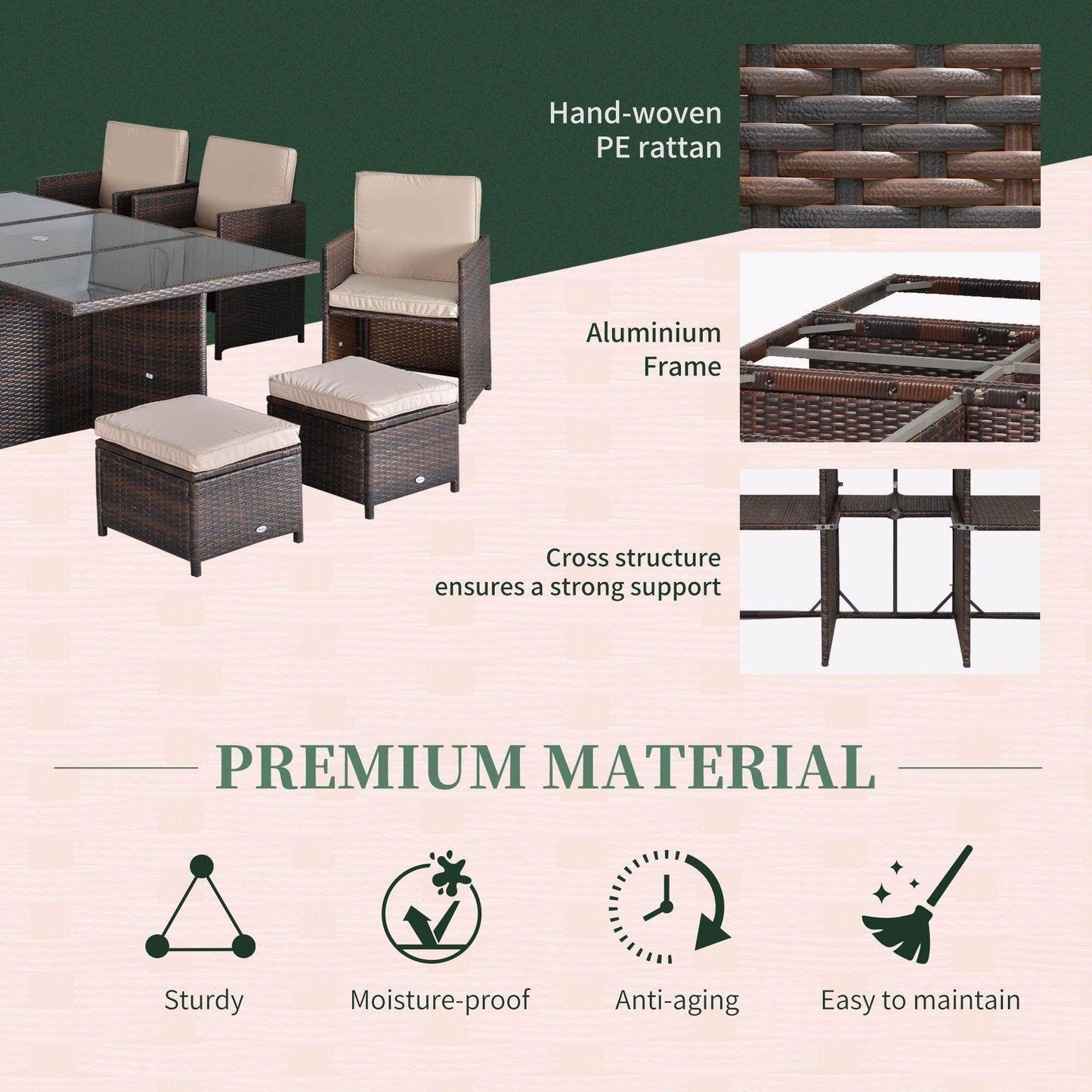 Outsunny Garden Patio Dining Set 10-seater Cube Sofa - Brown - ALL4U RETAILER LTD