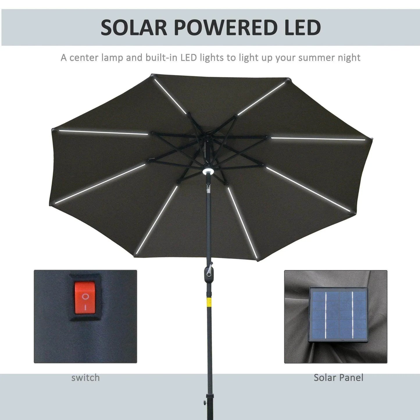 Outsunny Garden Umbrella with Solar Light - Grey - ALL4U RETAILER LTD
