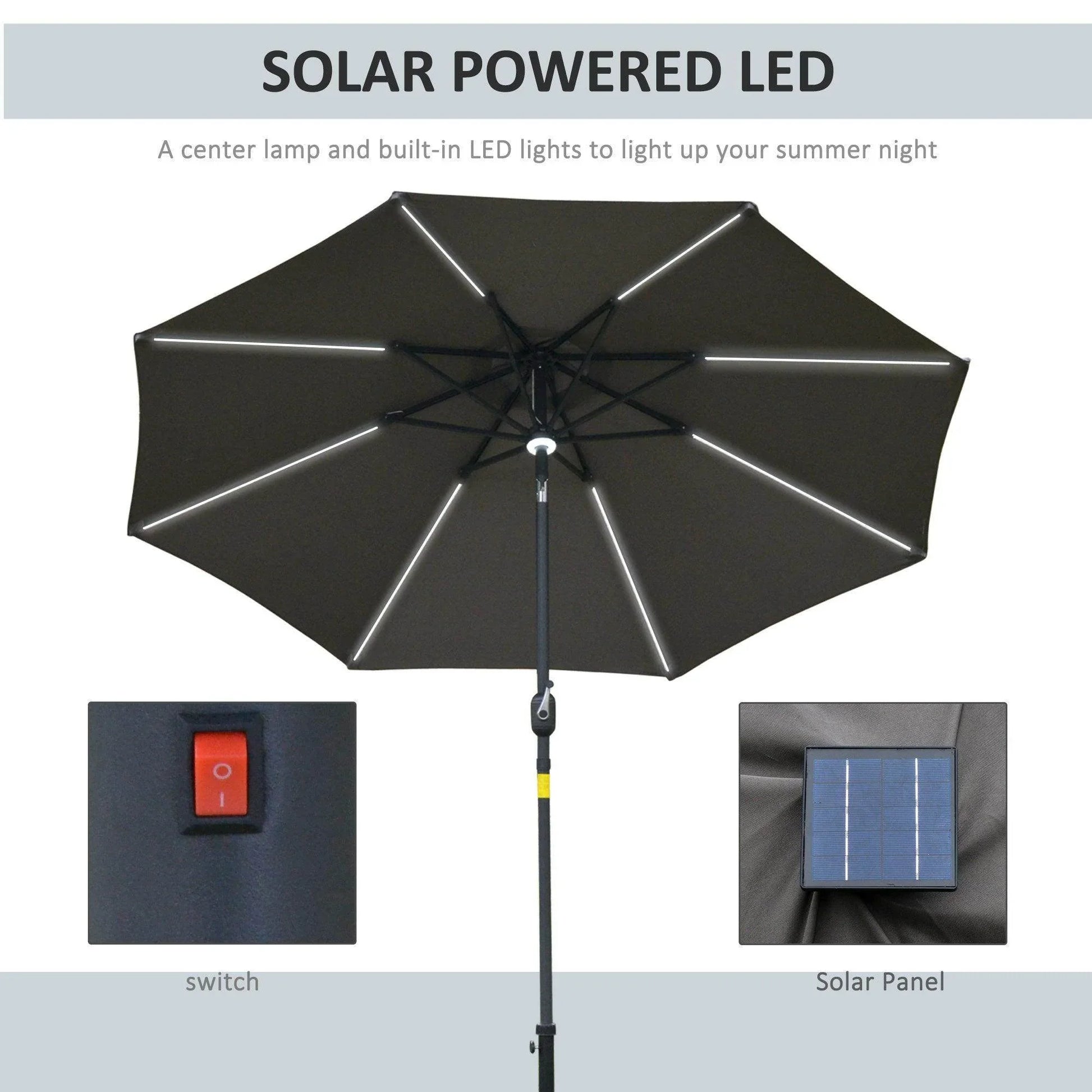 Outsunny Garden Umbrella with Solar Light - Grey - ALL4U RETAILER LTD