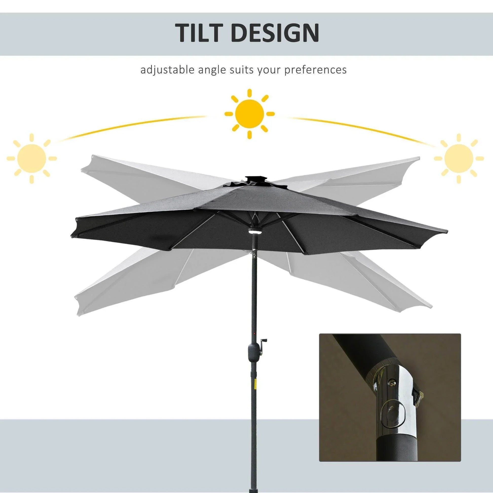 Outsunny Garden Umbrella with Solar Light - Grey - ALL4U RETAILER LTD