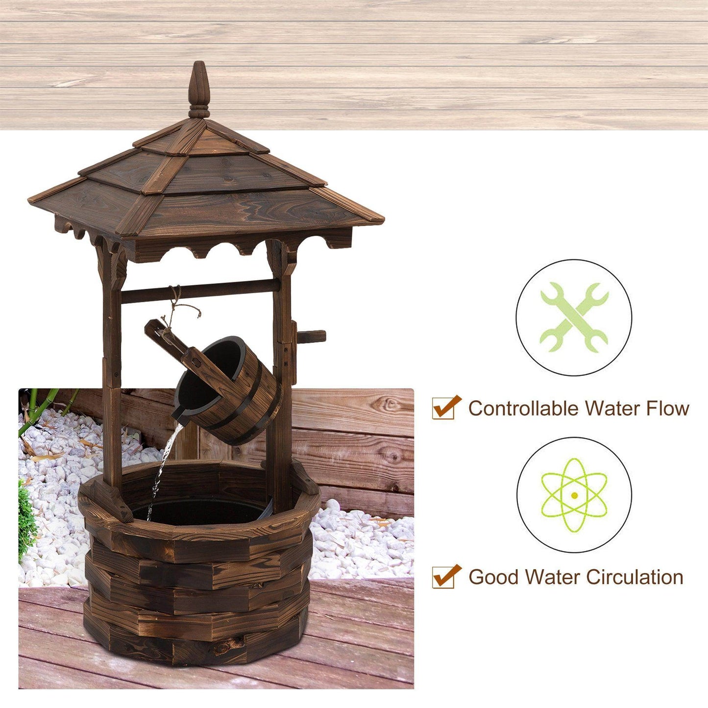 Outsunny Garden Wishing Well Waterfall - Rustic Fir Wood - ALL4U RETAILER LTD