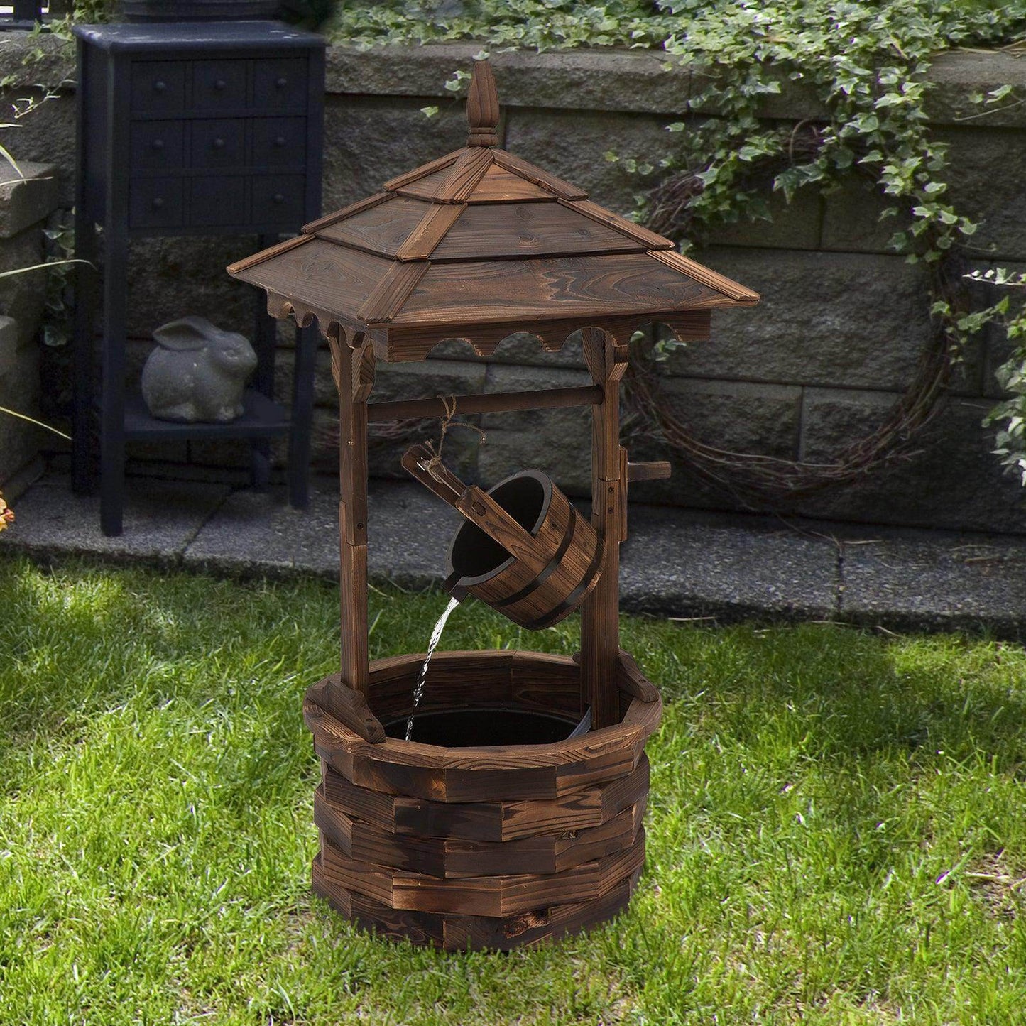 Outsunny Garden Wishing Well Waterfall - Rustic Fir Wood - ALL4U RETAILER LTD