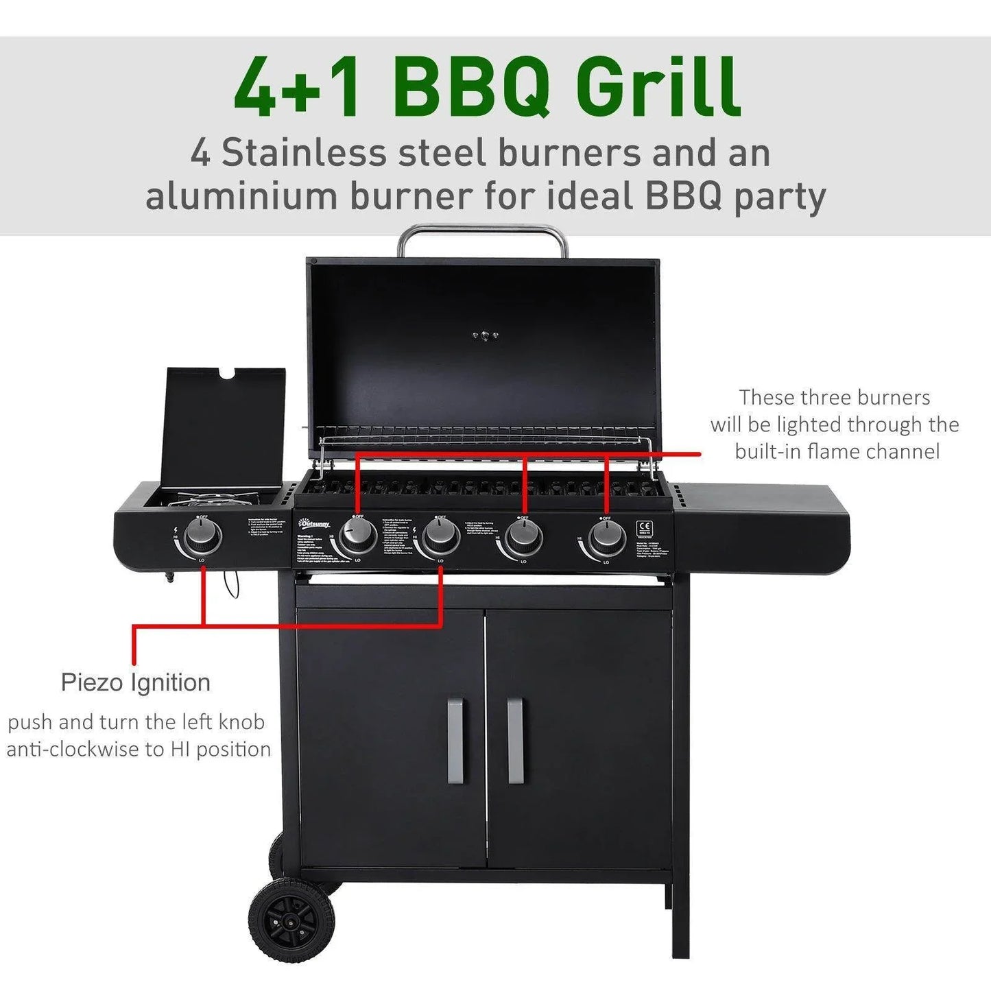 Outsunny Gas BBQ Trolley with Smoker and Side Burner - ALL4U RETAILER LTD