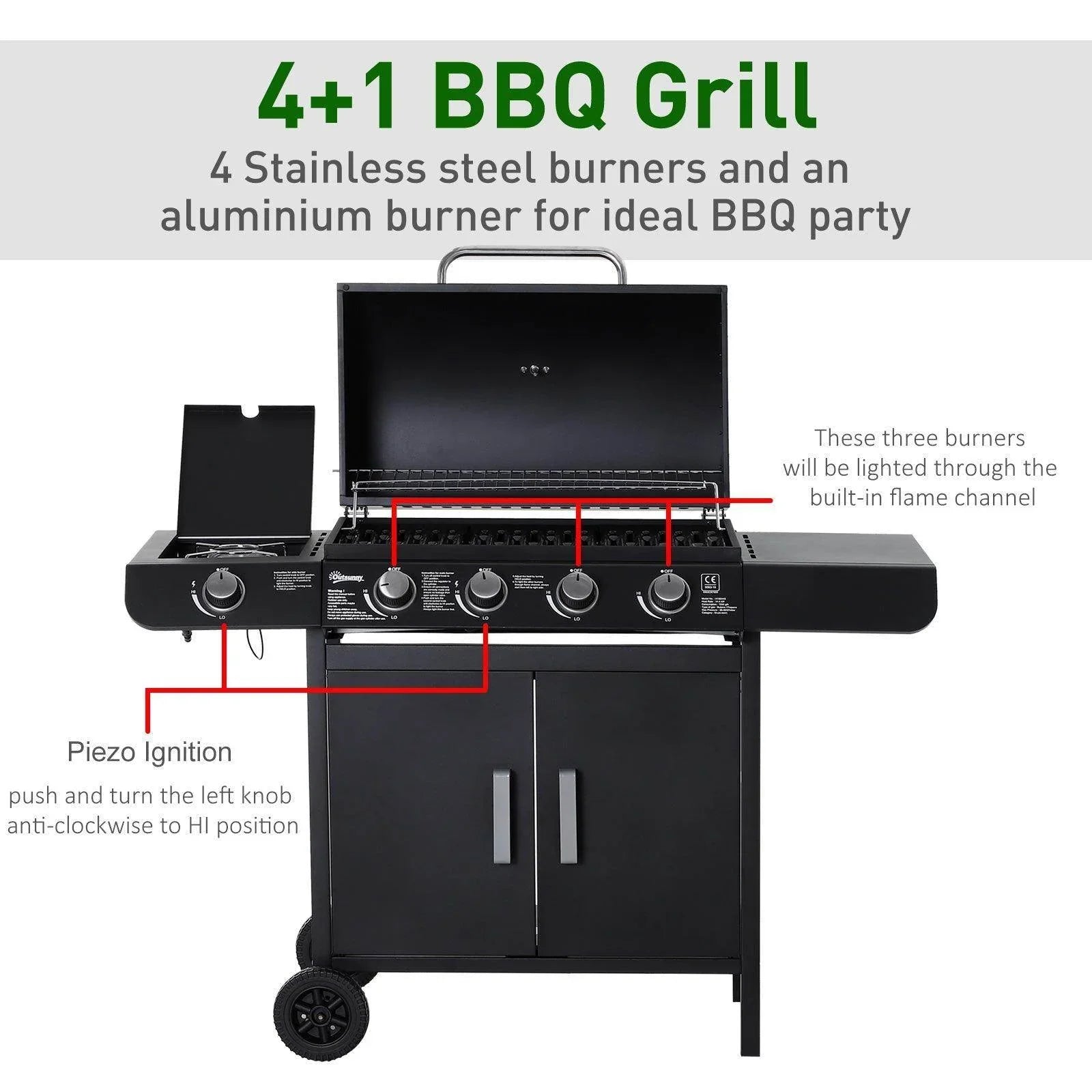 Outsunny Gas BBQ Trolley with Smoker and Side Burner - ALL4U RETAILER LTD