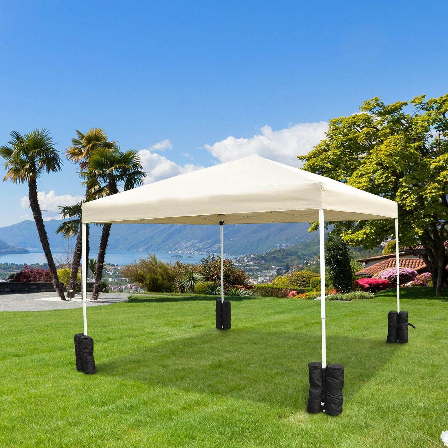 Gazebo sandbag weight set with four black fabric bags for securing a canopy