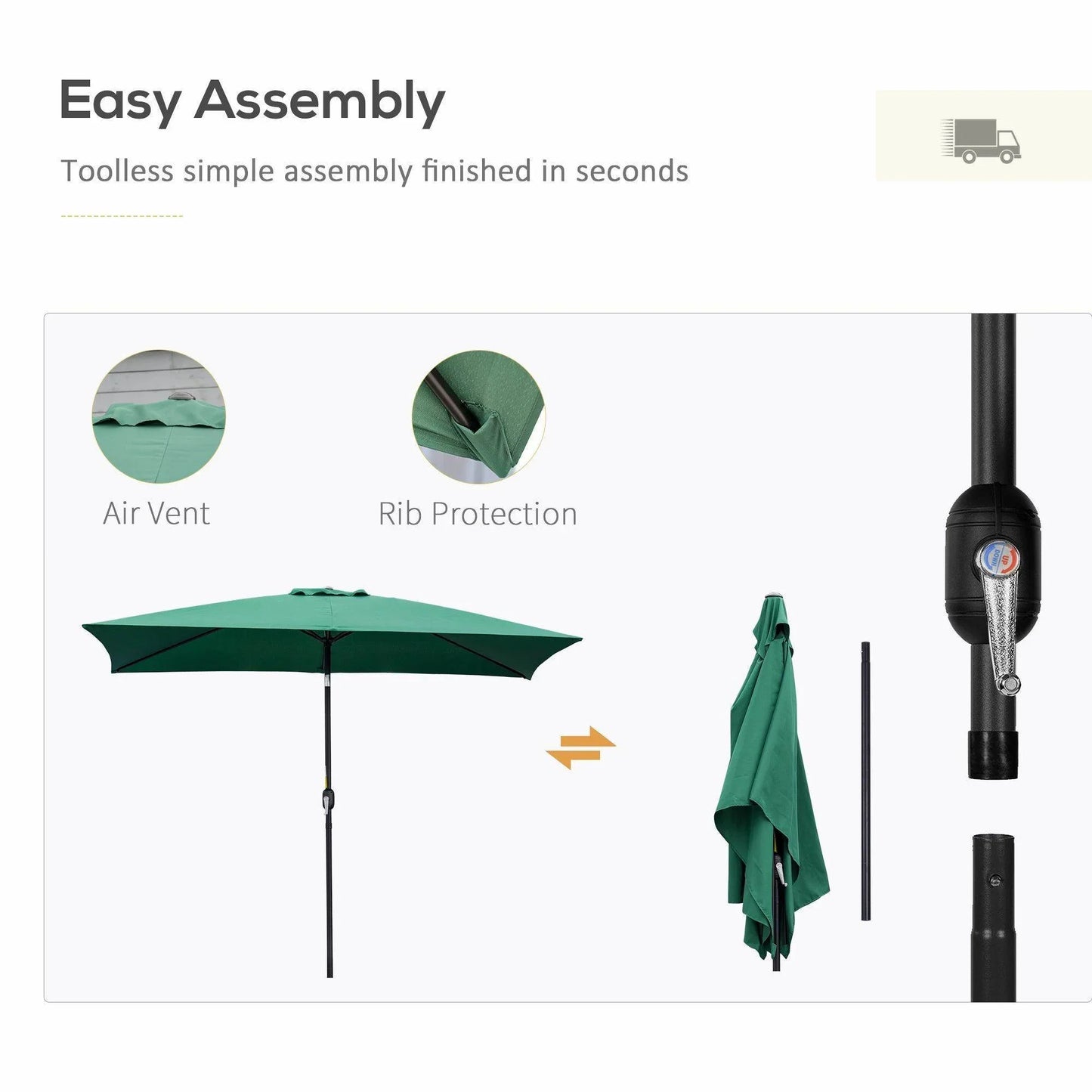 Outsunny Green Patio Umbrella with Tilt Crank - 3x2m - ALL4U RETAILER LTD