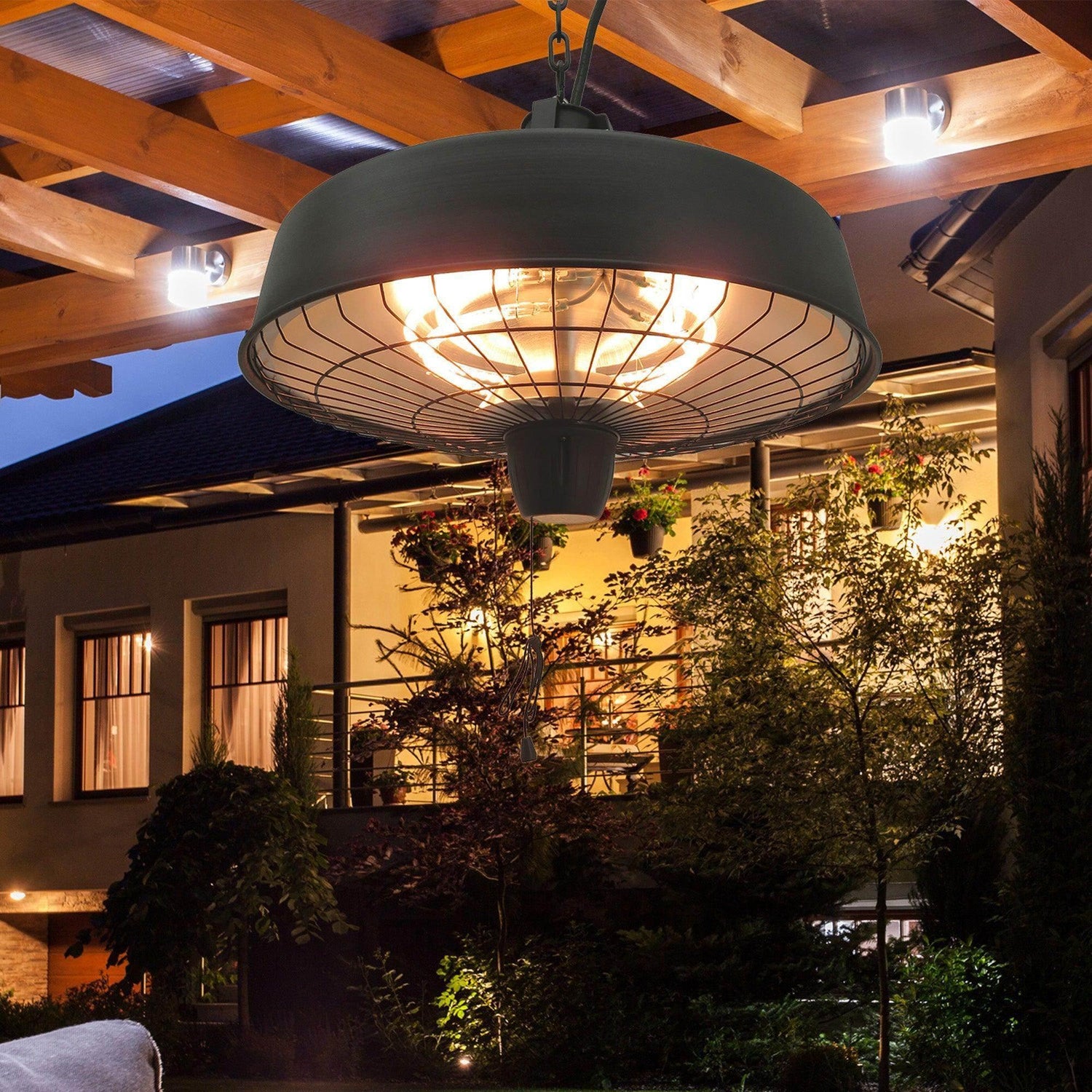 Outsunny hanging electric heater with black dome hood and glowing metal mesh heating grid