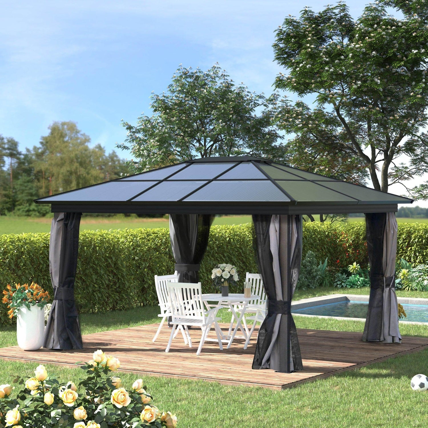 Hardtop gazebo with dark frame, polycarbonate roof, and hanging fabric side curtains