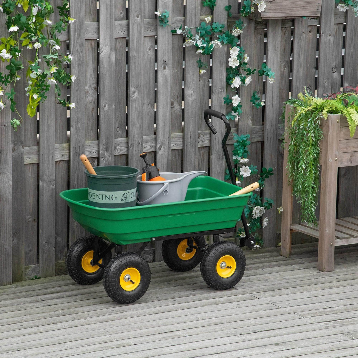 Green 4-wheel garden cart trolley with yellow wheels and black handles