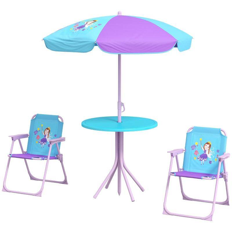 Outsunny Kids Picnic Table and Chair Set - Fairy Themed Outdoor Garden Furniture with Foldable Chairs and Adjustable Parasol - ALL4U RETAILER LTD