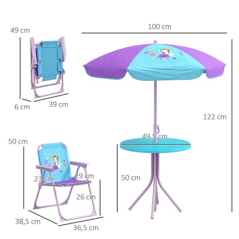 Outsunny Kids Picnic Table and Chair Set - Fairy Themed Outdoor Garden Furniture with Foldable Chairs and Adjustable Parasol - ALL4U RETAILER LTD