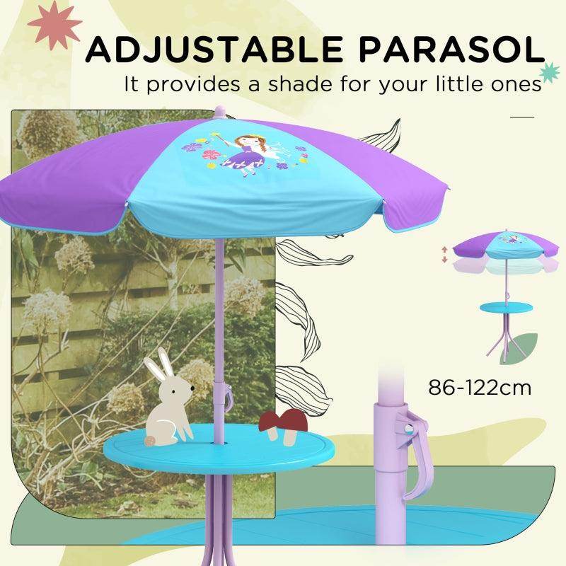 Outsunny Kids Picnic Table and Chair Set - Fairy Themed Outdoor Garden Furniture with Foldable Chairs and Adjustable Parasol - ALL4U RETAILER LTD