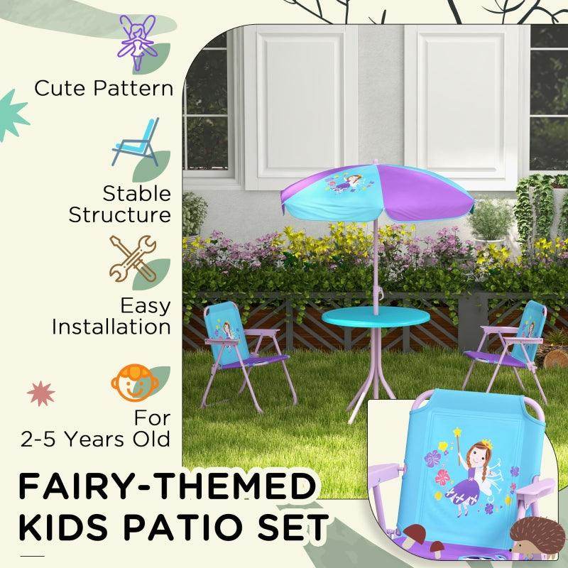 Outsunny Kids Picnic Table and Chair Set - Fairy Themed Outdoor Garden Furniture with Foldable Chairs and Adjustable Parasol - ALL4U RETAILER LTD