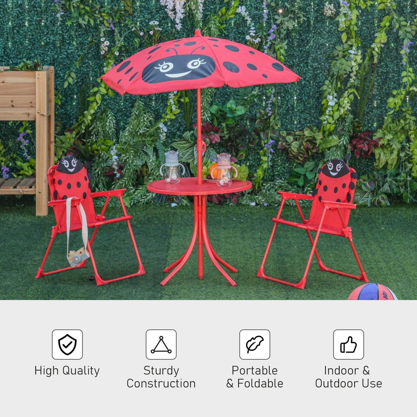 Outsunny Ladybug Kids Picnic Table Set with Umbrella - ALL4U RETAILER LTD