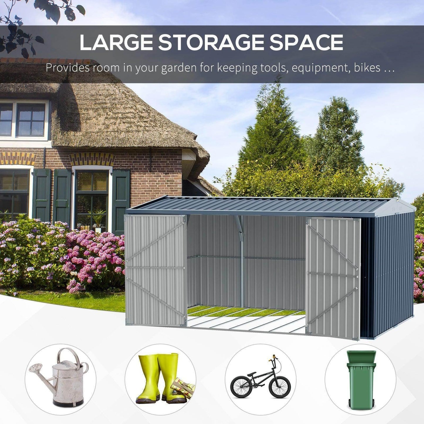 Outsunny Lockable Outdoor Tool Shed - 14 x 9 ft - Grey - ALL4U RETAILER LTD