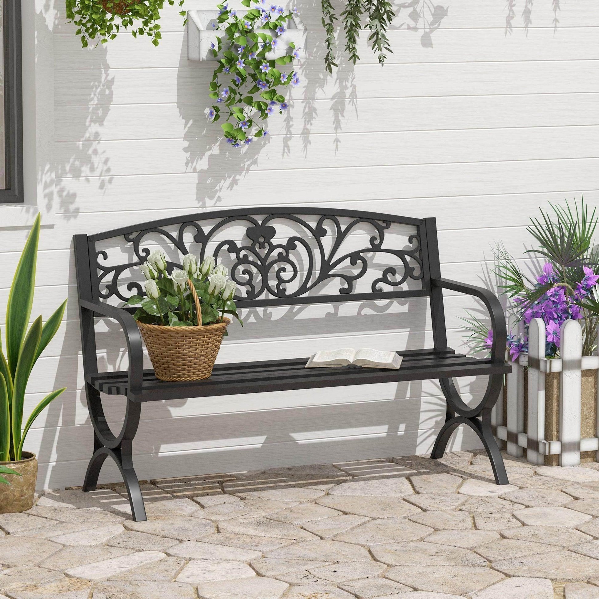 Outsunny Metal Garden Bench Outdoor Patio Loveseat Black - ALL4U RETAILER LTD