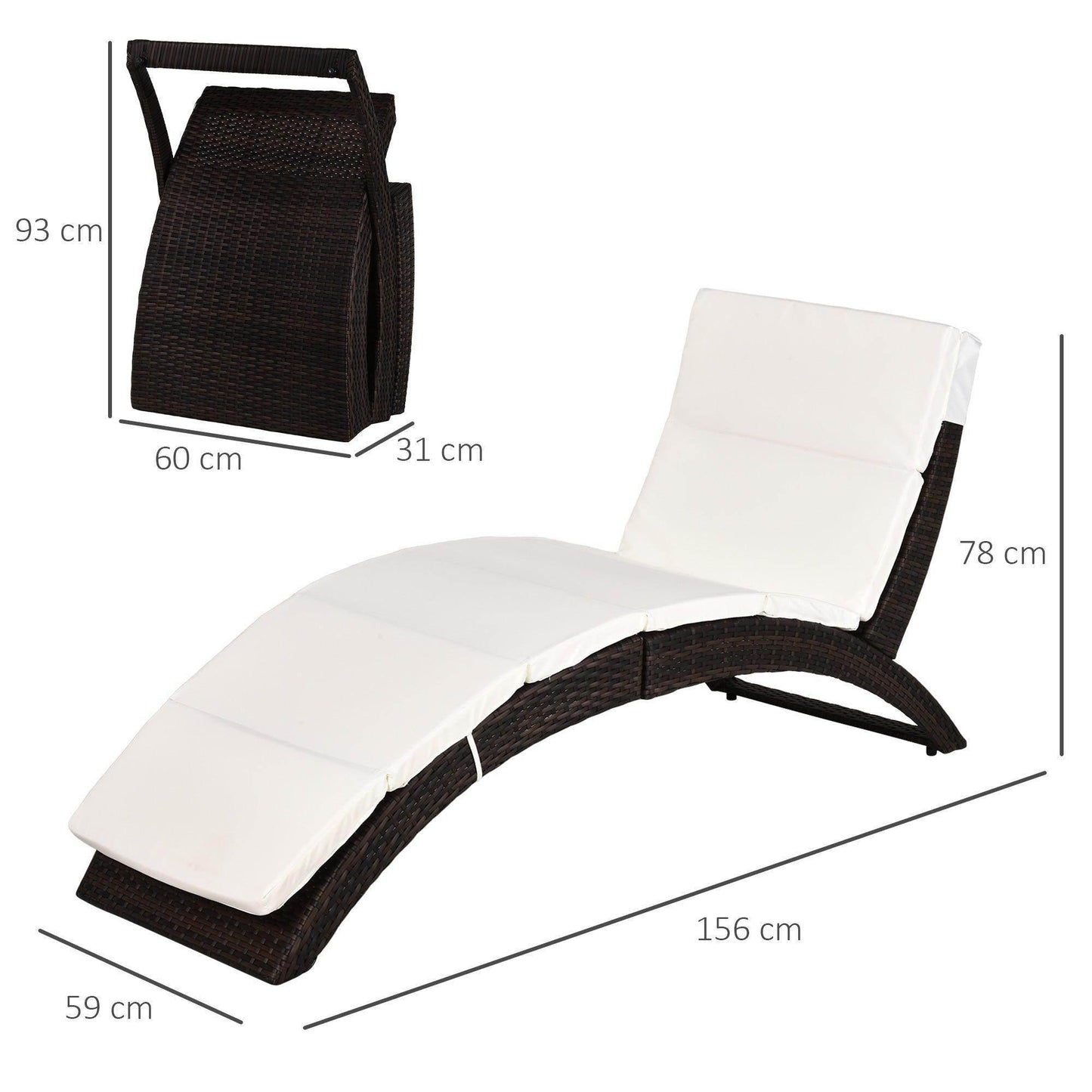 Mixed brown and white rattan folding sun lounger with white cushion, lounge and folded views, dimensions shown.