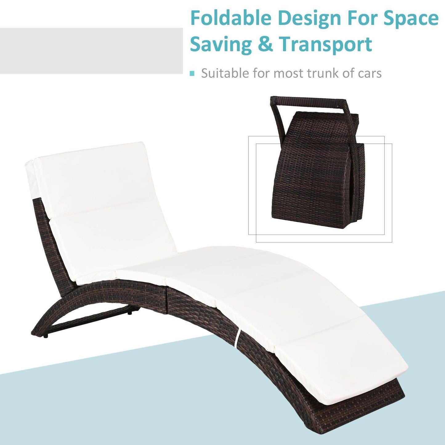Foldable rattan sun lounger with white cushion for garden, space-saving and portable design