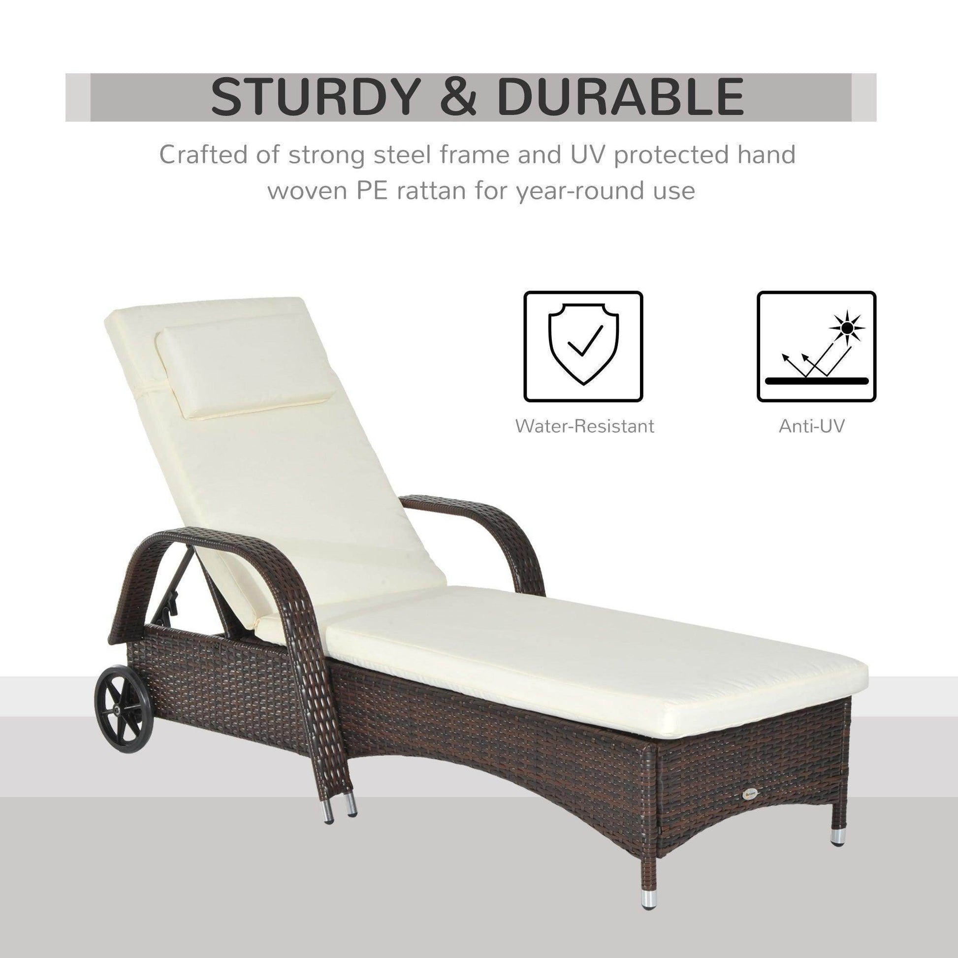 Outsunny Outdoor Brown Rattan Sun Lounger - Adjustable - ALL4U RETAILER LTD