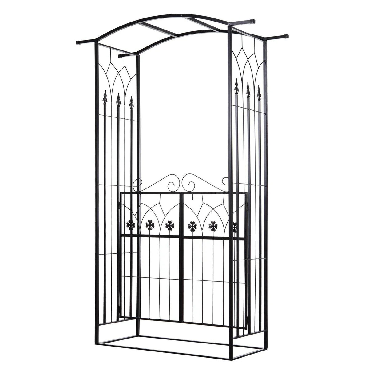 Black outdoor garden arch with gate and decorative lattice fence panels.