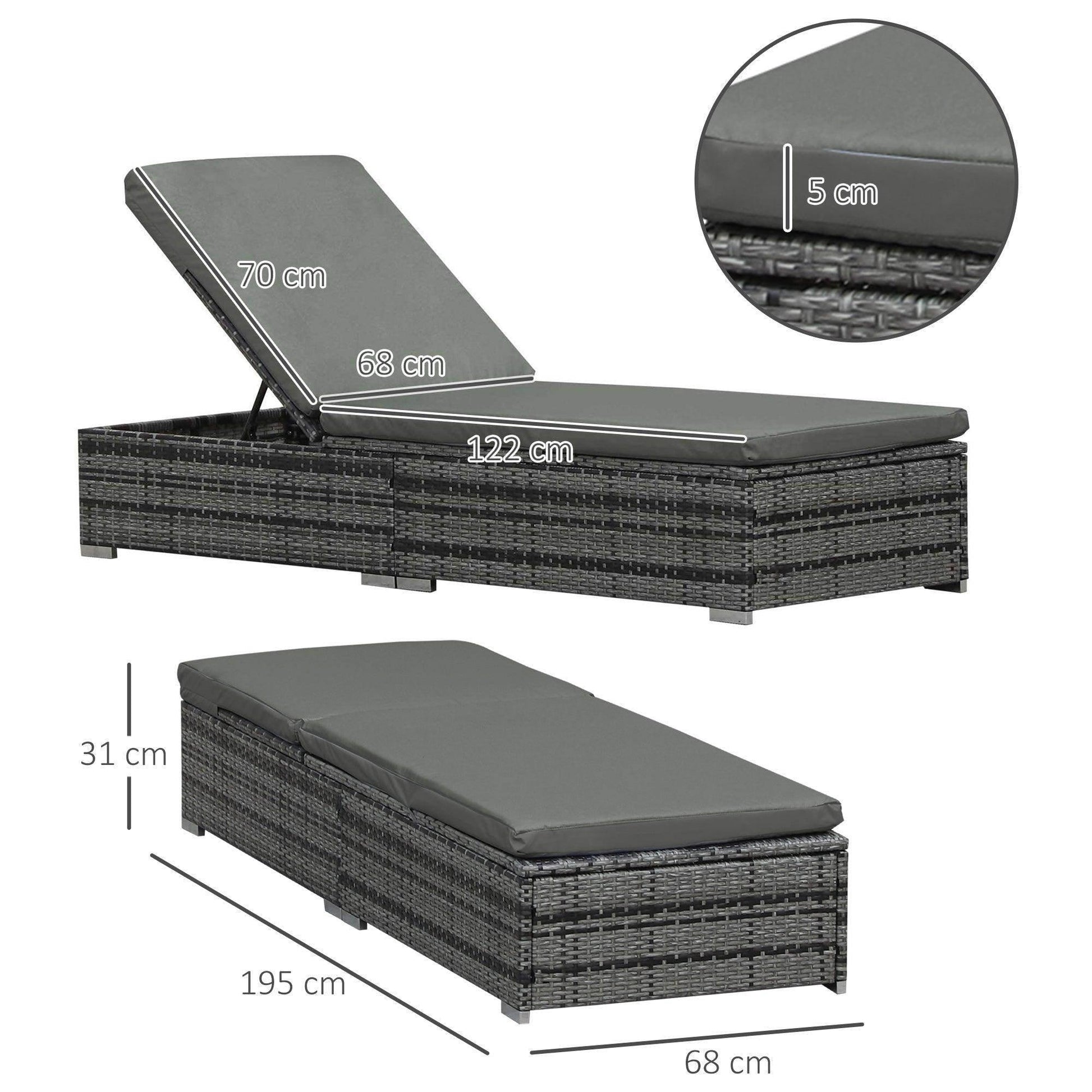 Outsunny Outdoor Grey Rattan Sun Loungers - Set of 2 - ALL4U RETAILER LTD