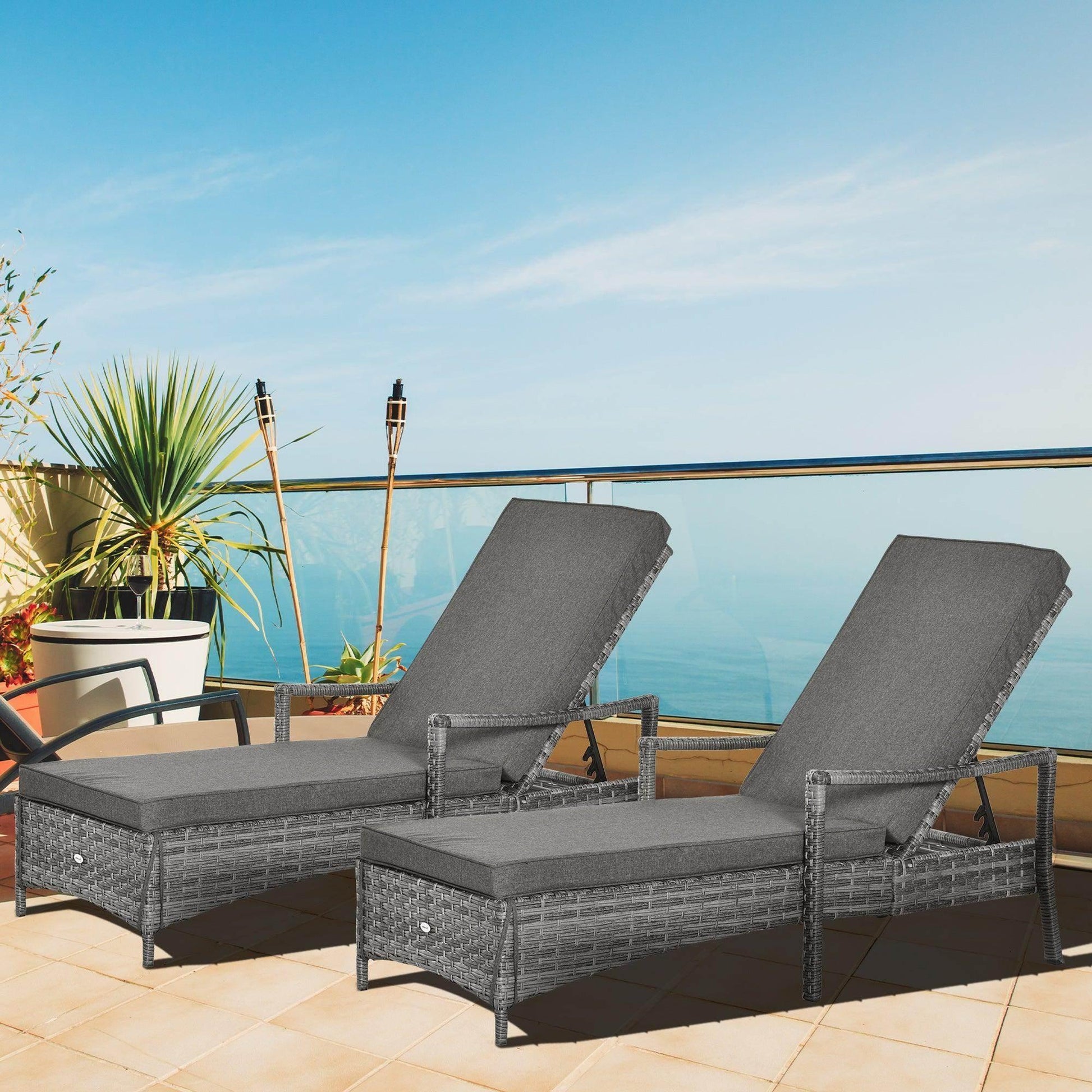 Outsunny Outdoor Grey Rattan Sun Loungers - Set of 2 - ALL4U RETAILER LTD