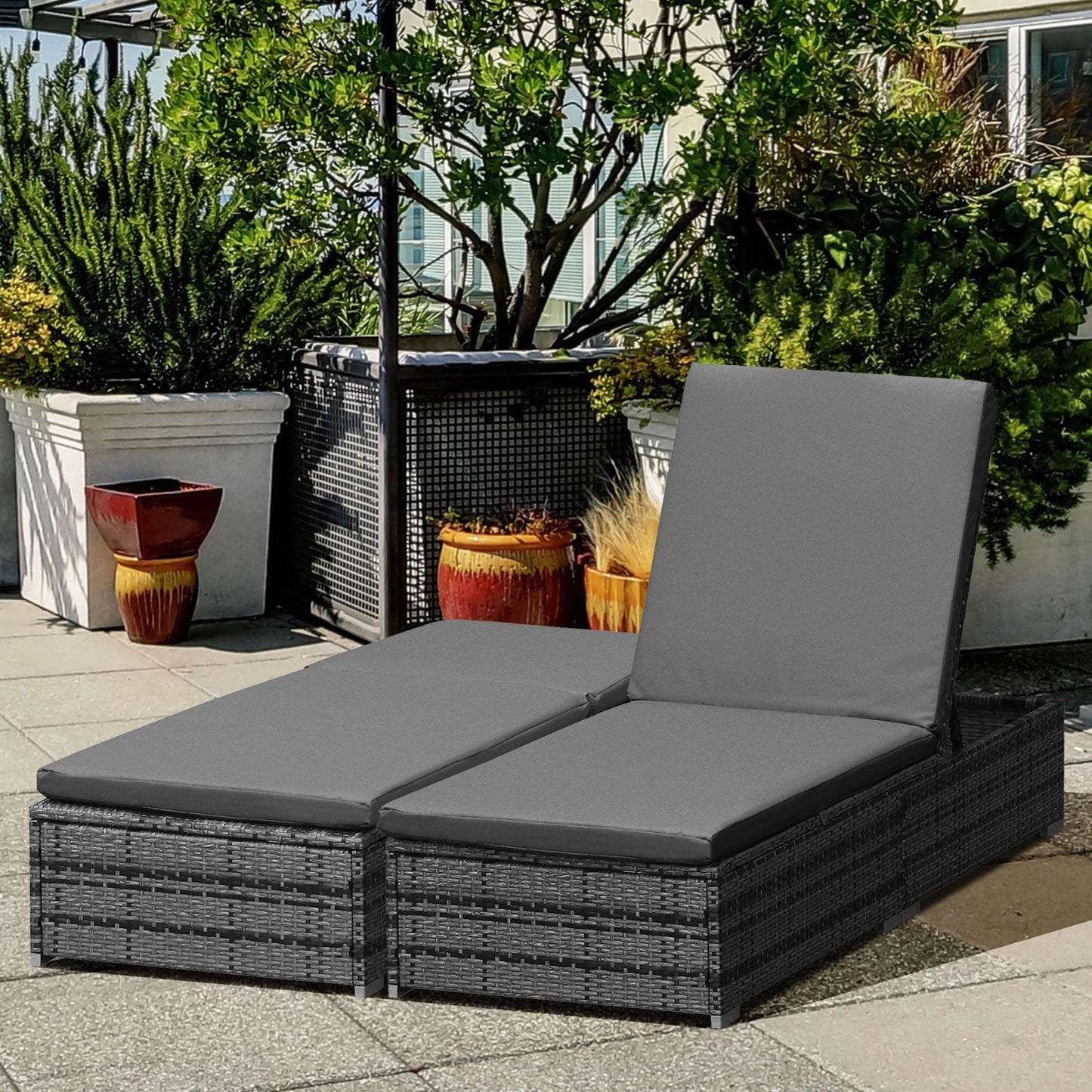 Outsunny Outdoor Grey Rattan Sun Loungers - Set of 2 - ALL4U RETAILER LTD