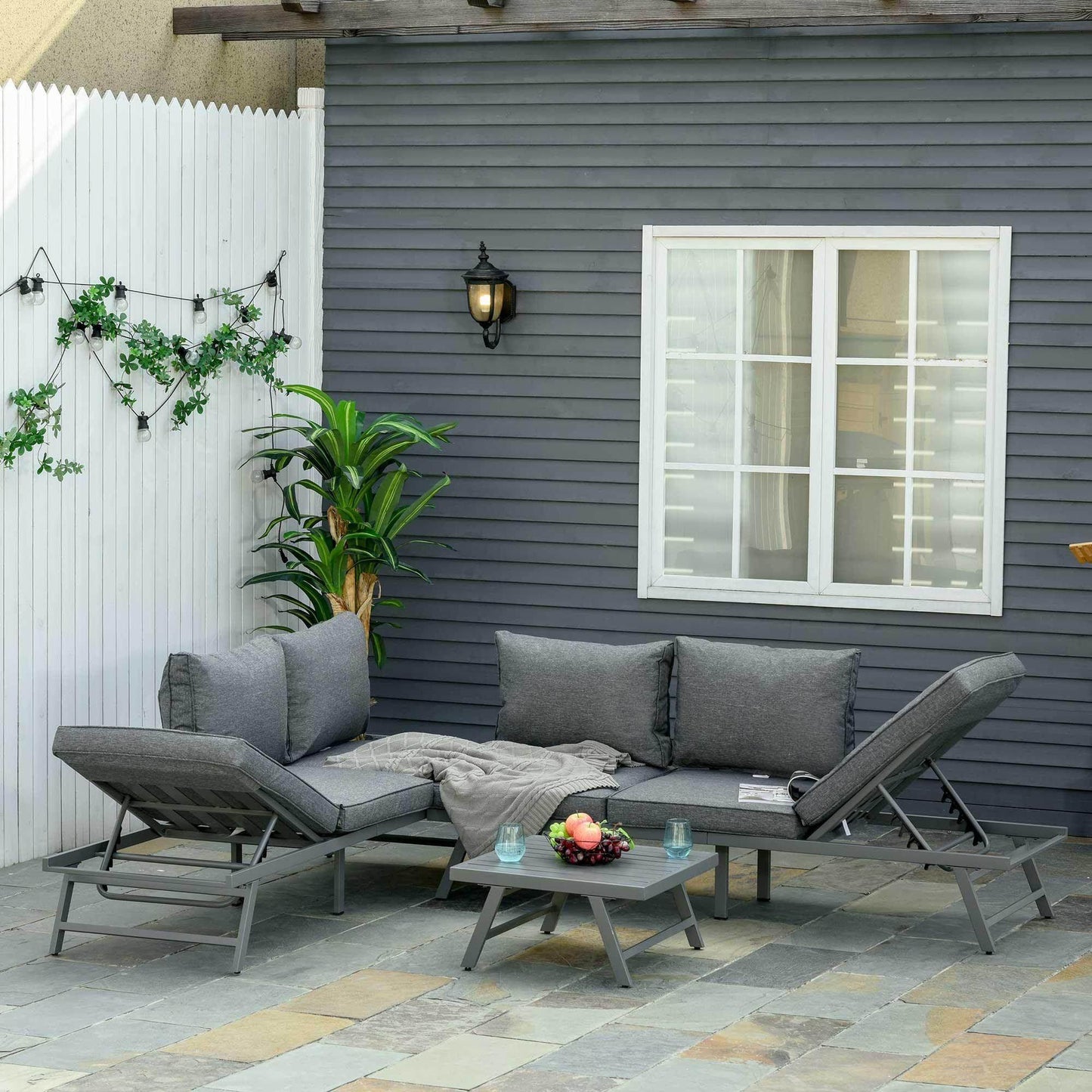 Outsunny Outdoor Patio Set with Convertible Sofa - Grey - ALL4U RETAILER LTD