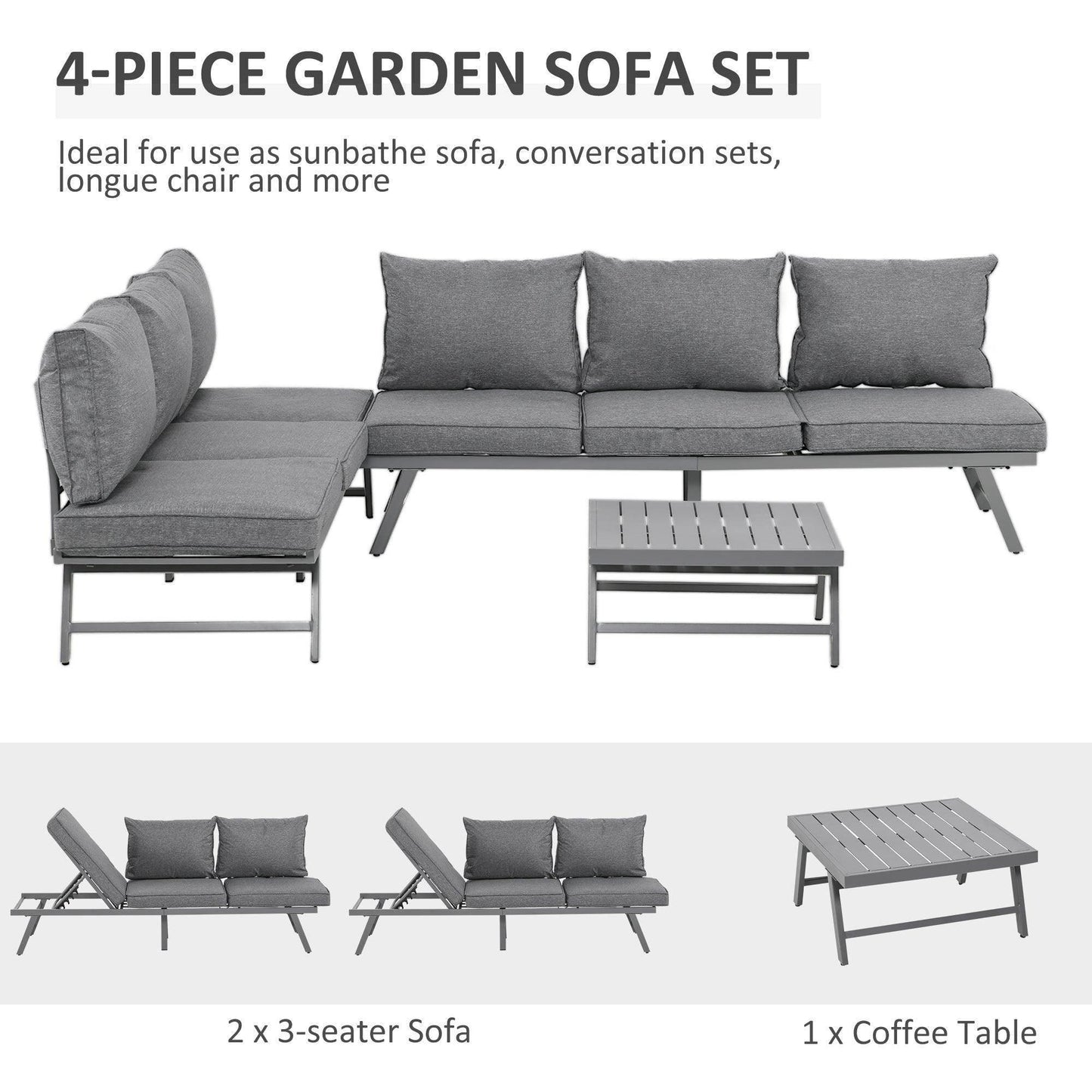 Outsunny Outdoor Patio Set with Convertible Sofa - Grey - ALL4U RETAILER LTD