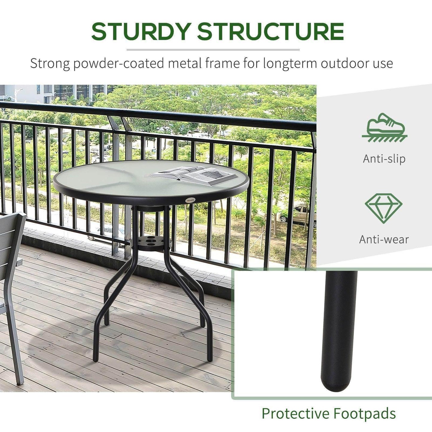 Outsunny Outdoor Patio Table - Round Tempered Glass Top - ALL4U RETAILER LTD