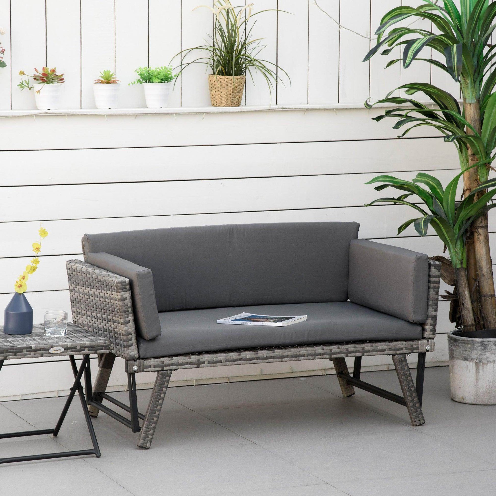 Outsunny Outdoor Rattan Sofabed with Cushion - Grey - ALL4U RETAILER LTD