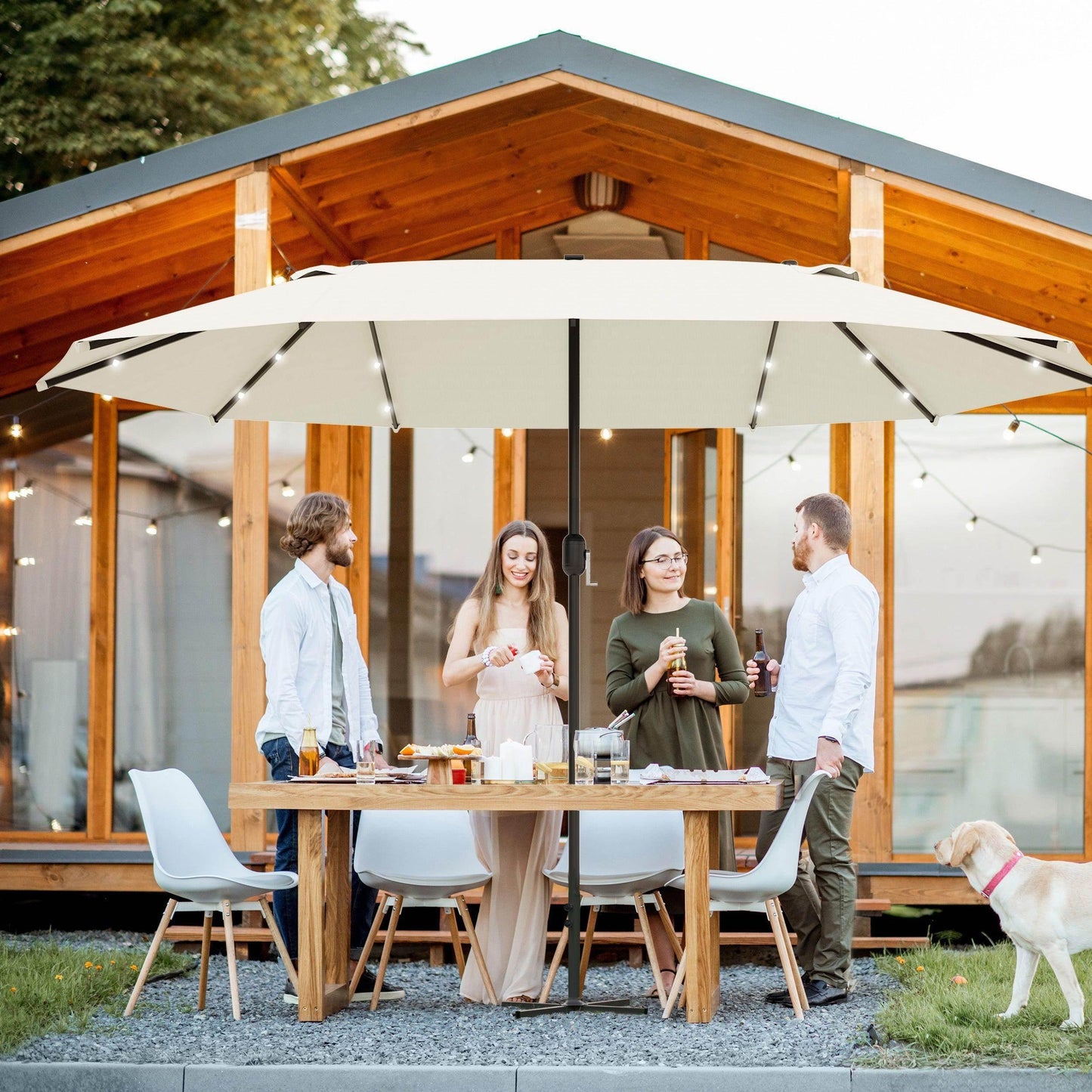 Outsunny Outdoor Sun Umbrella with LED Solar Light - Cream - ALL4U RETAILER LTD