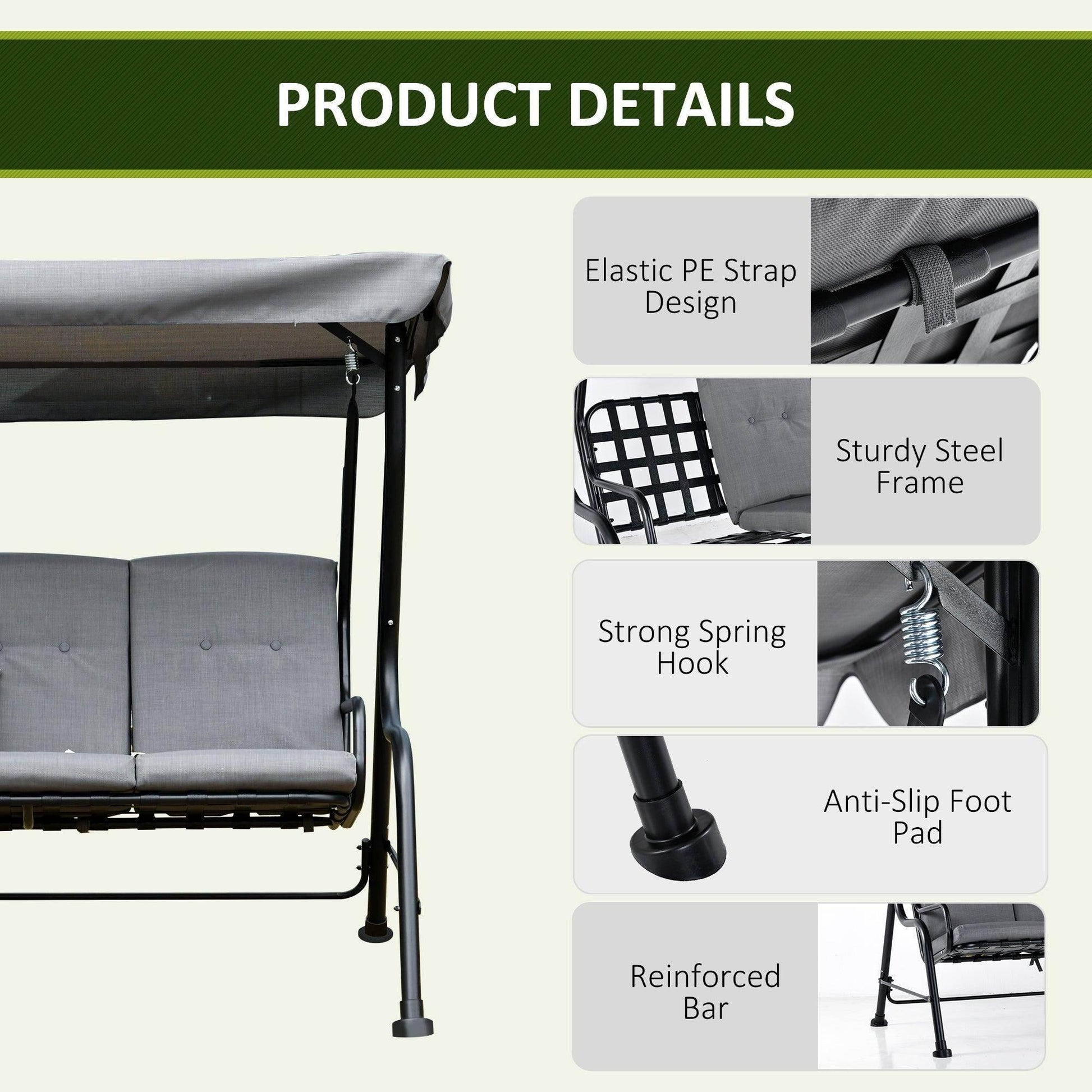 Outsunny Outdoor Swing Bench with Canopy - Grey - ALL4U RETAILER LTD