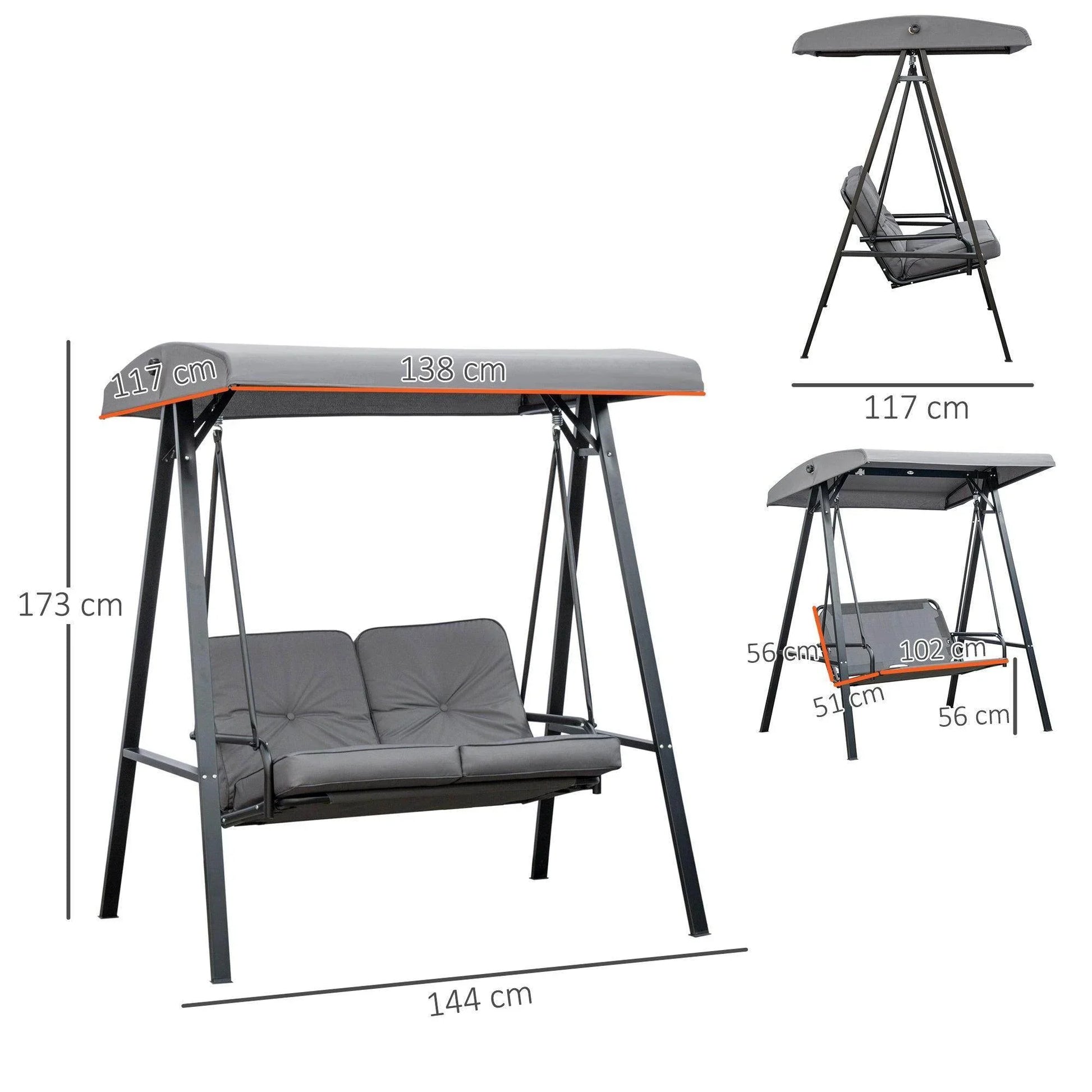 Outsunny Outdoor Swing Chair with Adjustable Canopy - Grey - ALL4U RETAILER LTD