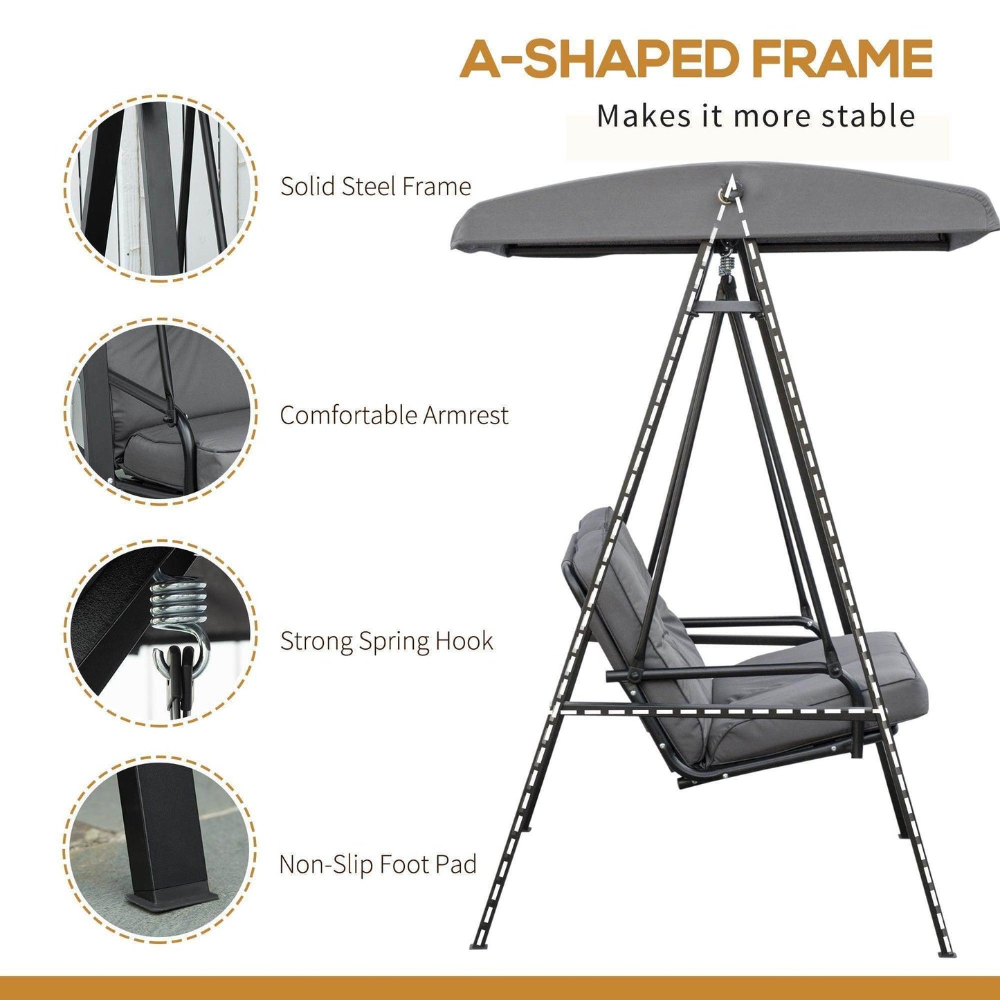 Outsunny Outdoor Swing Chair with Adjustable Canopy - Grey - ALL4U RETAILER LTD
