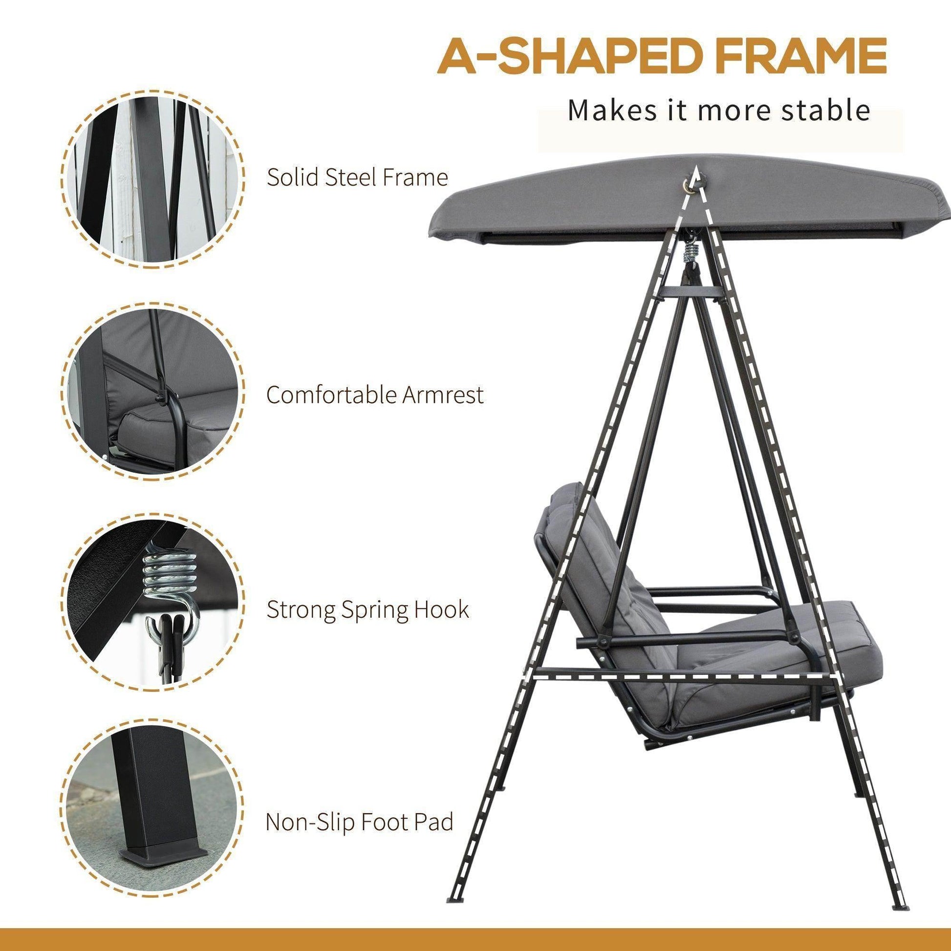 Outsunny Outdoor Swing Chair with Adjustable Canopy - Grey - ALL4U RETAILER LTD