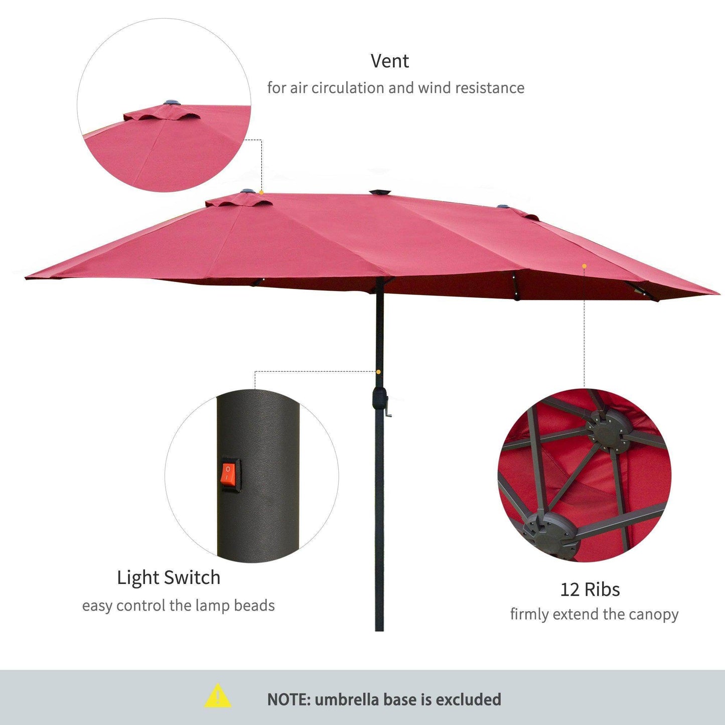 Outsunny Outdoor Umbrella with Solar Lights - Wine Red - ALL4U RETAILER LTD