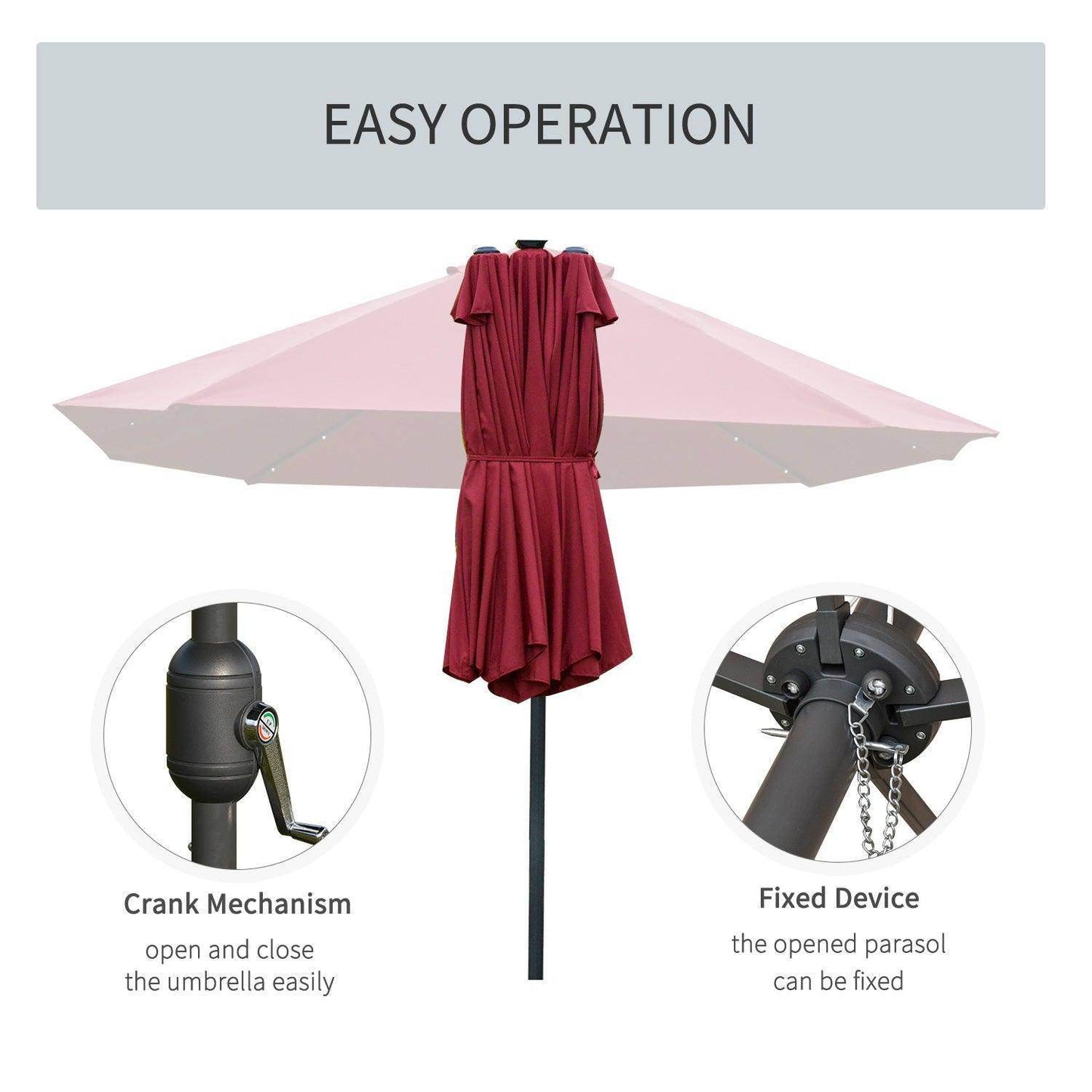 Outsunny Outdoor Umbrella with Solar Lights - Wine Red - ALL4U RETAILER LTD
