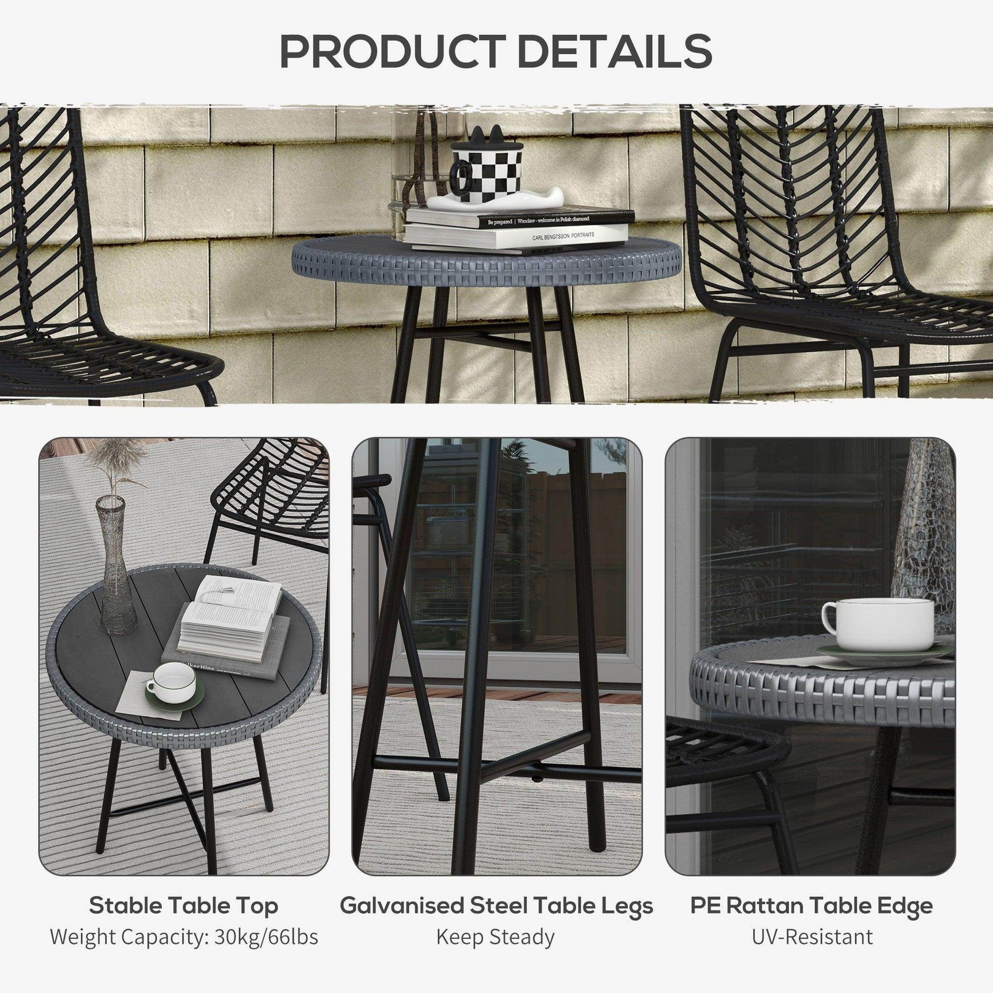 Outsunny PE Rattan Side Table Grey - ALL4U RETAILER LTD