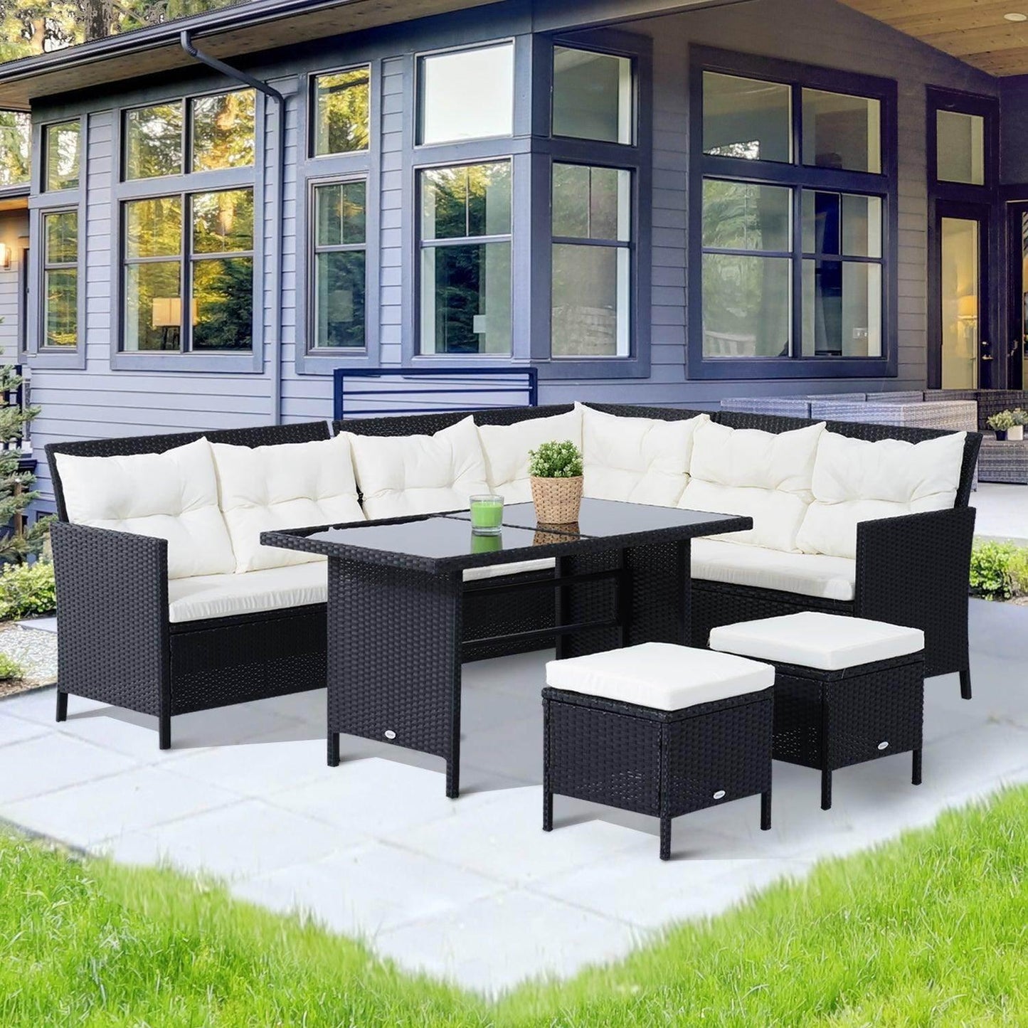 Outsunny Patio Corner Dining Set - Black Rattan 8-Seater - ALL4U RETAILER LTD
