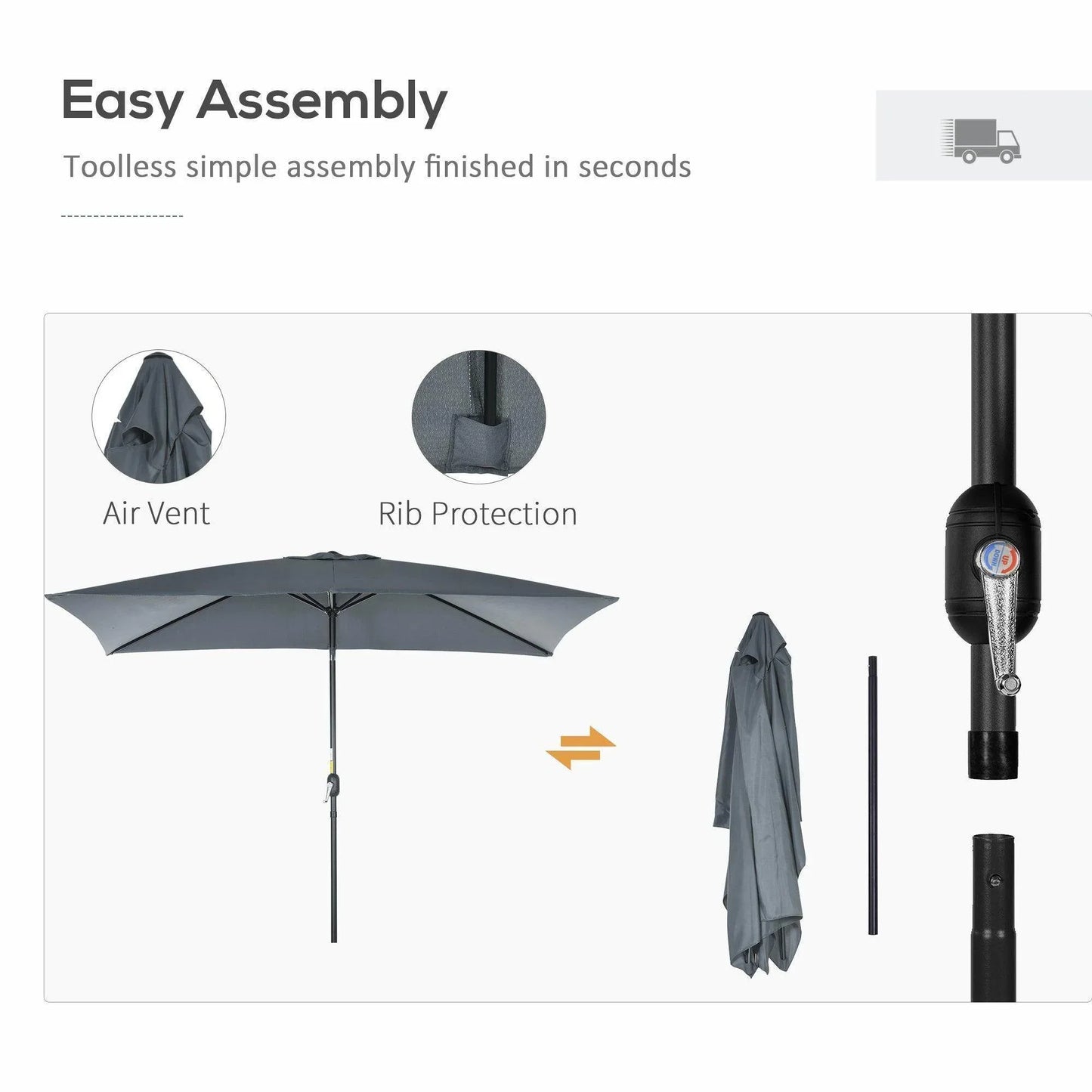 Outsunny Patio Umbrella 3x2m - Dark Grey - ALL4U RETAILER LTD