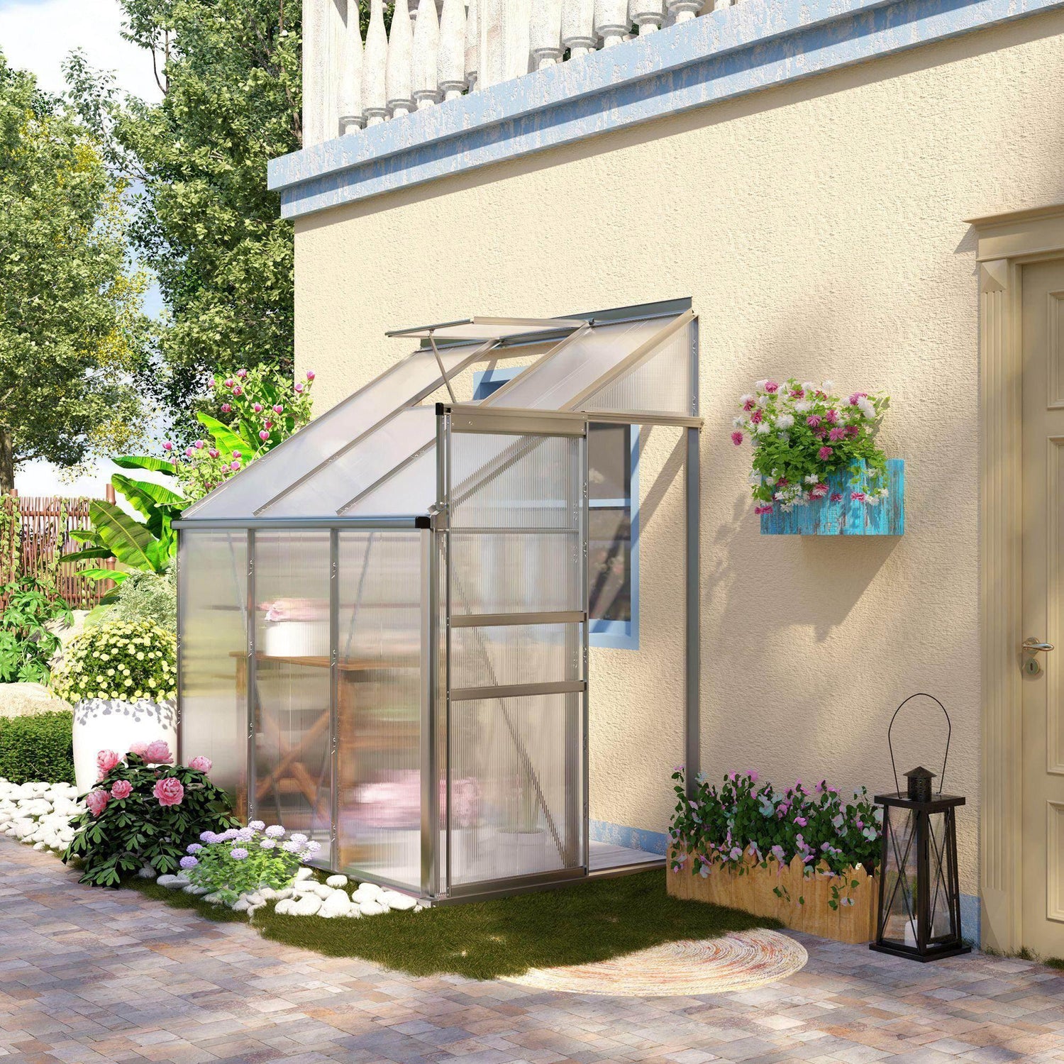 Lean-to greenhouse with clear polycarbonate panels and aluminum frame, garden-ready